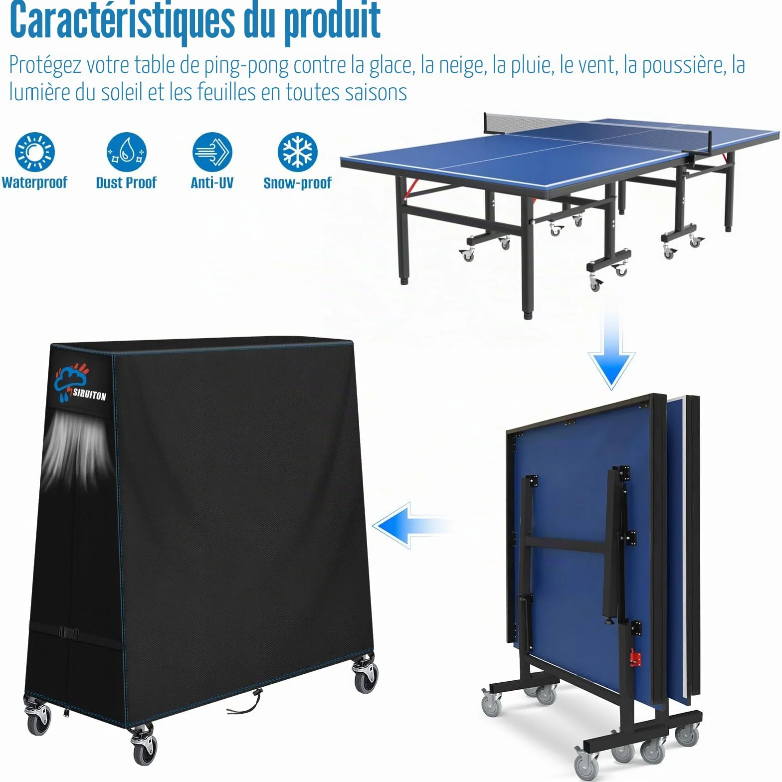 SIRUITON Housse de table de tennis de table 500D imperméable 173x77x158cm