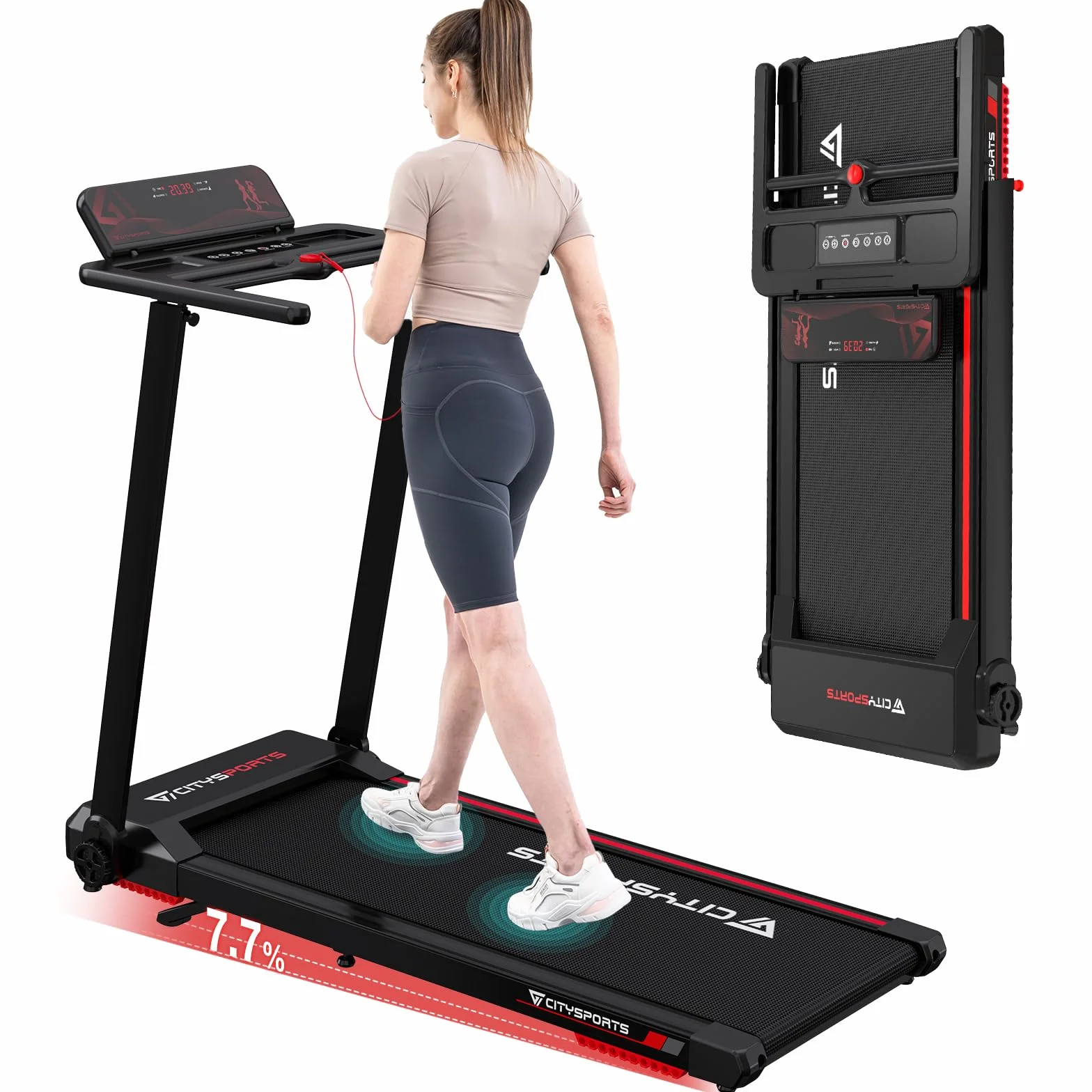CITYSPORTS Tapis de Course Pliable 12 km/h avec Affichage LED, APP et Support Tablette 360° - Walking Pad Compact pour Maison et Bureau (Noir et Rouge)