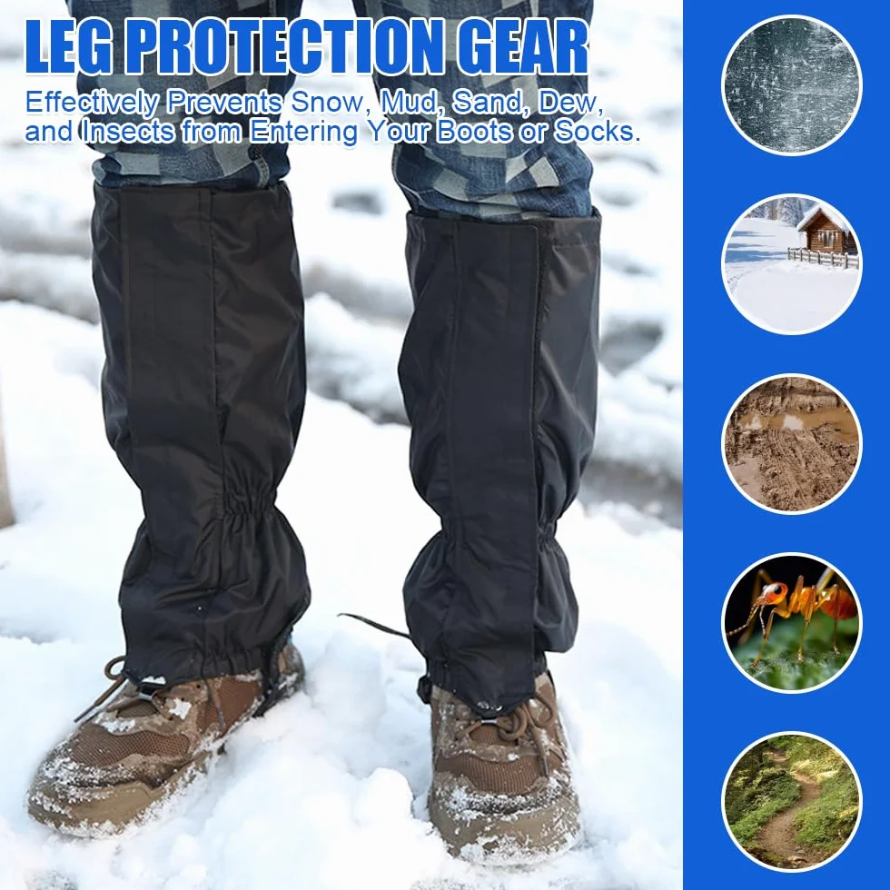 Guêtres de Randonnée Imperméables Homme Femme avec Fermeture et Sangles Réglables pour Escalade, Ski - Noir