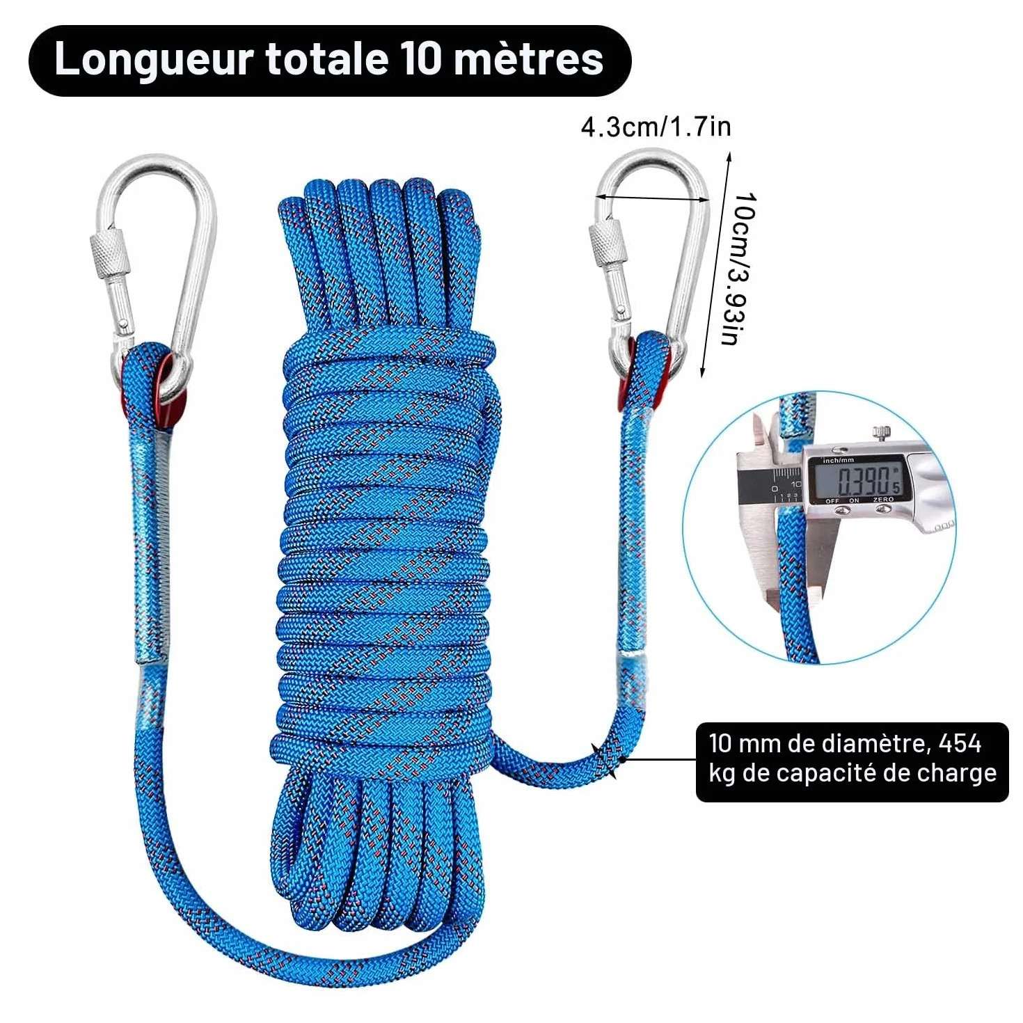 Corde Escalade 10m 10mm avec 2 Mousquetons pour Descente en Rappel Sport Sauvetage