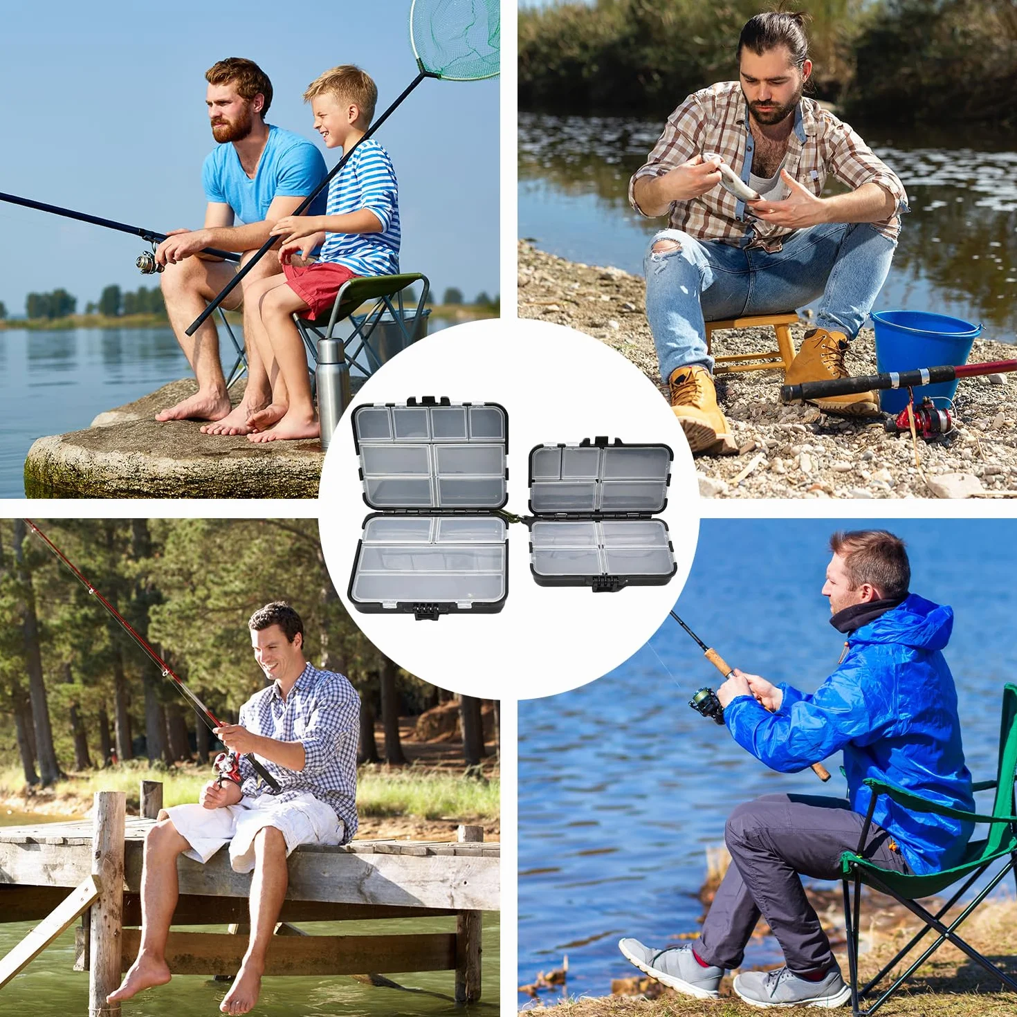 Boîte de Rangement pour Accessoires de Pêche 2 Pièces, Double Rangement, Etanche, Noir