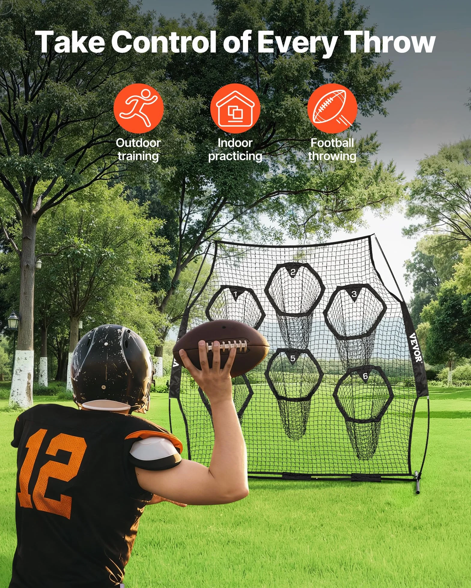 VEVOR Filet d'entraînement Football 274 x 243 cm, Filet de Lancer Rugby 6 Poches Cibles, Sans Nœuds, Sangles et Étui Transport Inclus, Noir