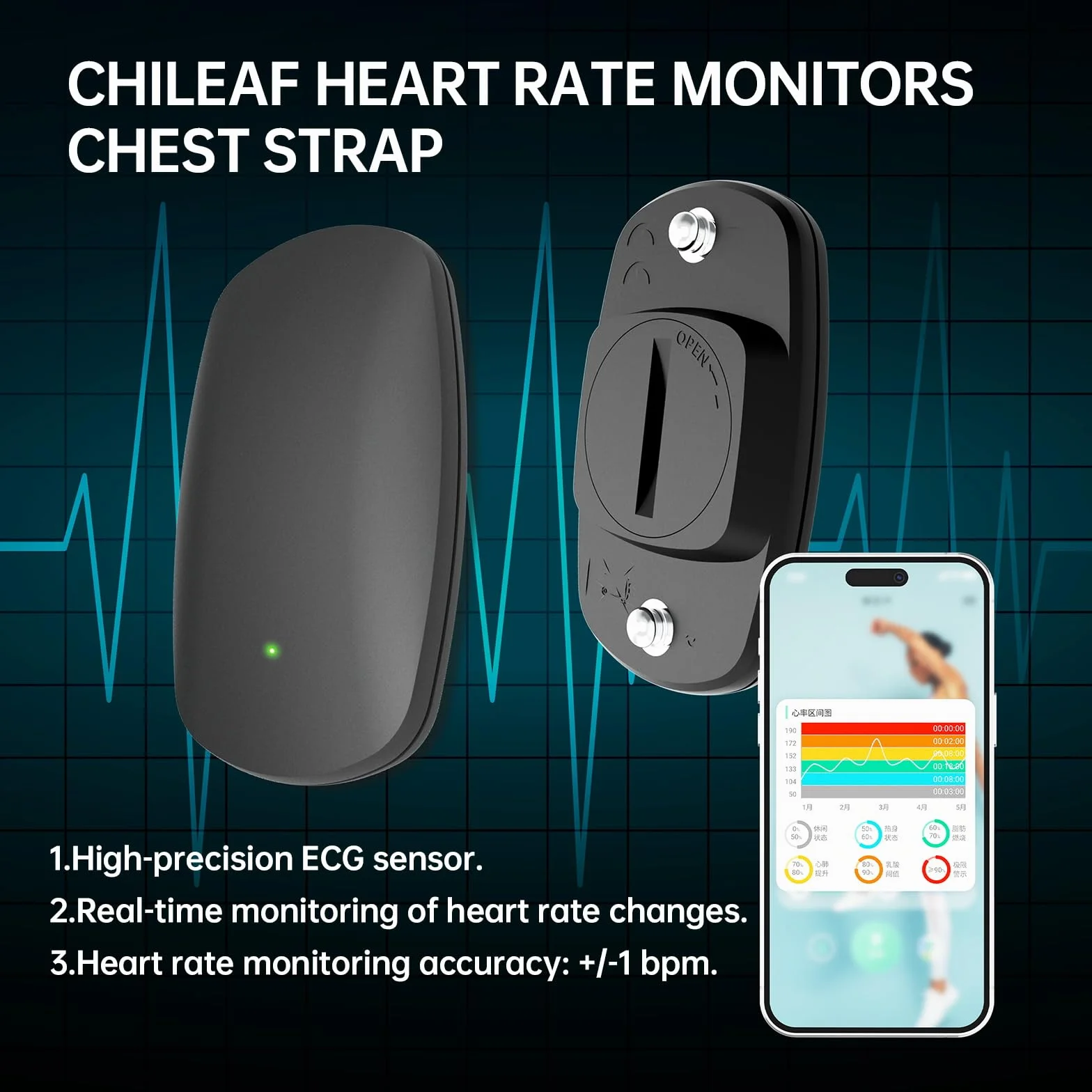 CHILEAF Brassard Moniteur Fréquence Cardiaque HRM Capteur HR IP67 Ant+ Bluetooth 60H Batterie Longue Durée