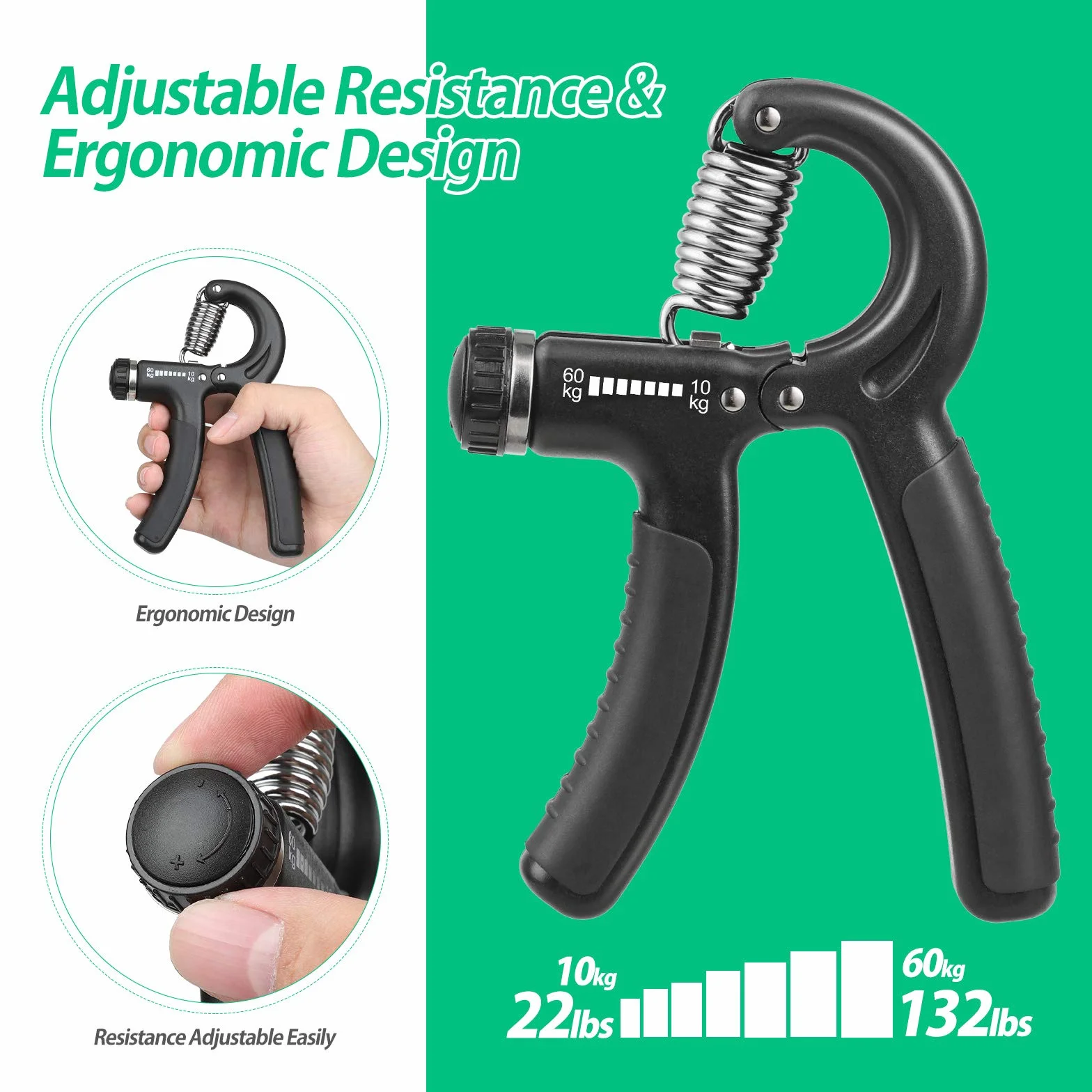 NIYIKOW Hand Grip Musculation, Résistance Réglable 22-132Lbs (10-60kg), Antidérapante