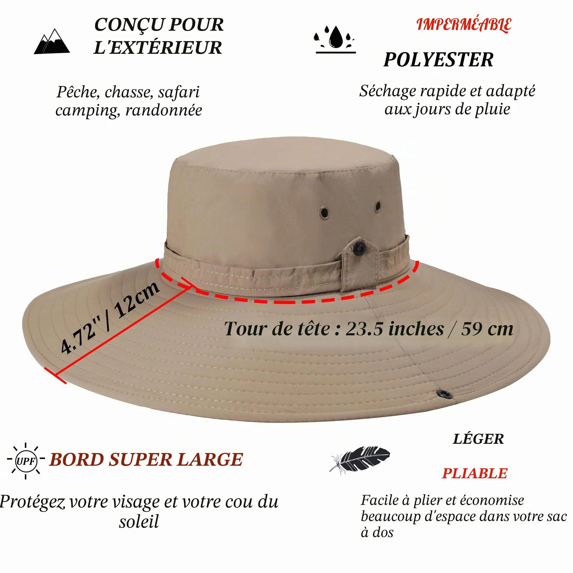 Chapeau Boonie à Large Bord imperméable pour Homme Protection Solaire d'extérieur