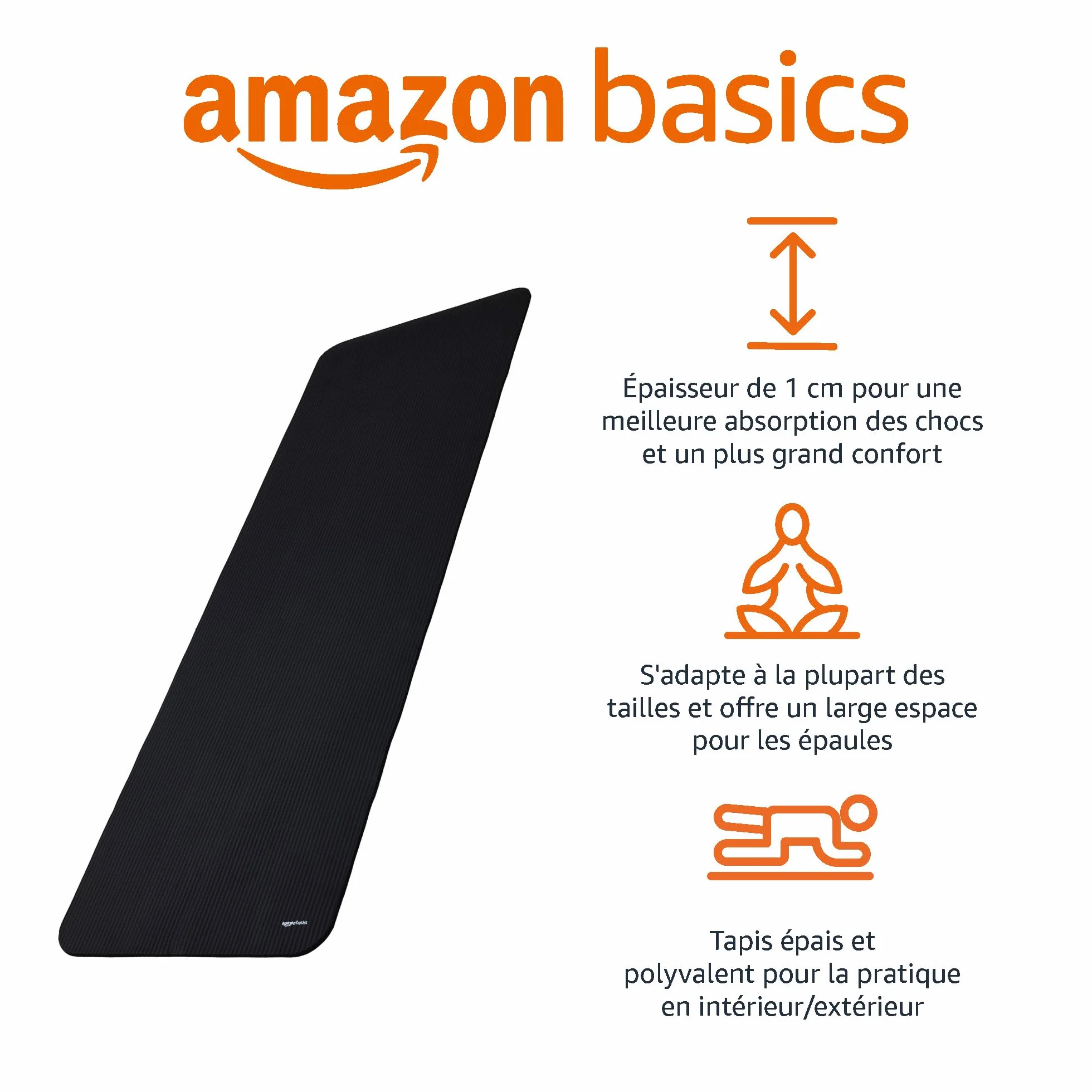 Amazon Basics Tapis de yoga antidérapant épais 183 x 61 x 1 cm Noir