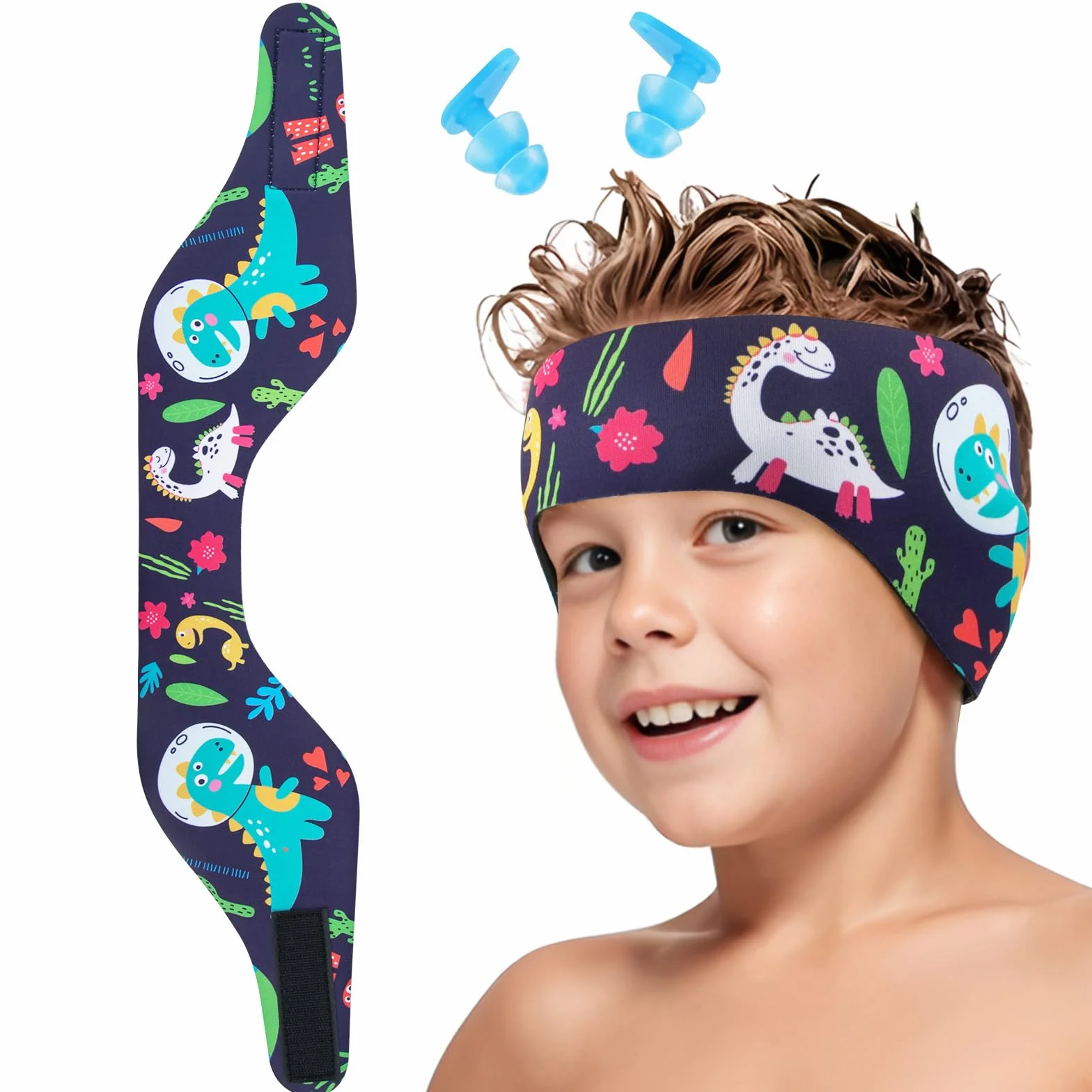 Bandeau de Natation Enfant Élastique avec Bouchons d'Oreille Protection Rose Bonbon L