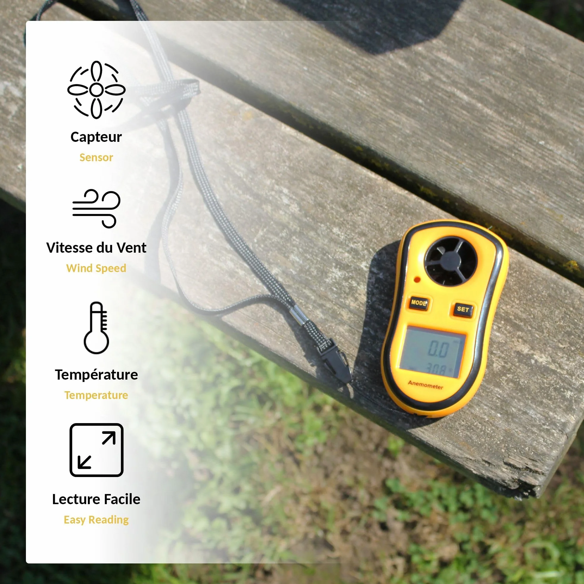 FISHTEC Anémomètre Numérique Portable - Mesure Vitesse Vent actuelle/moyenne/maximale + Température - Ecran LCD rétroéclairé