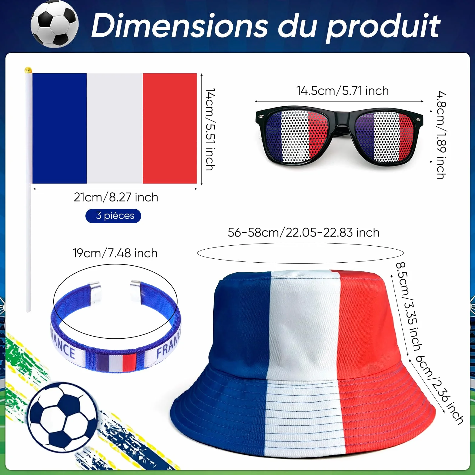 Kit Supporter France Football 6 Pièces Chapeau Pêcheur Polyester Lunettes Drapeau Pavillons Main Bracelet Tricolore
