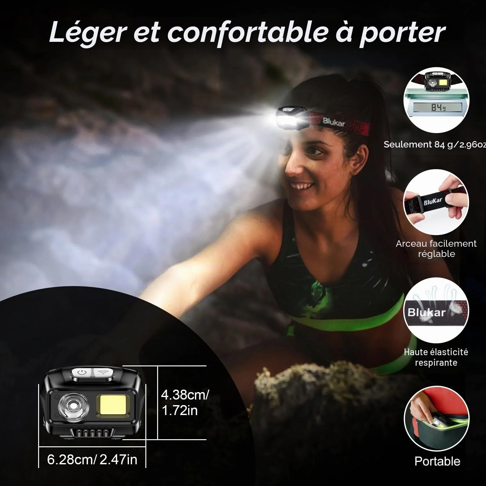 Blukar Lampe Frontale Rechargeable 2000LM IPX5 Étanche LED Puissante avec Voyant Rouge 8 Modes Capteur Mouvement 30H Autonomie