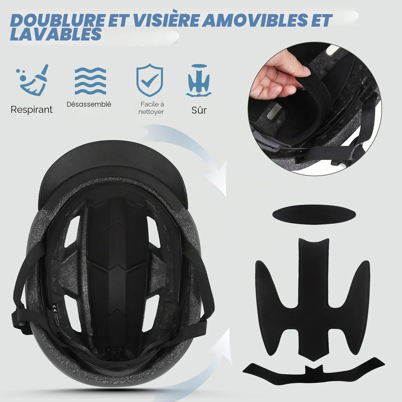 KINGLEAD Casque de vélo léger avec lumière LED avant et arrière 5 modes cyclisme trekking