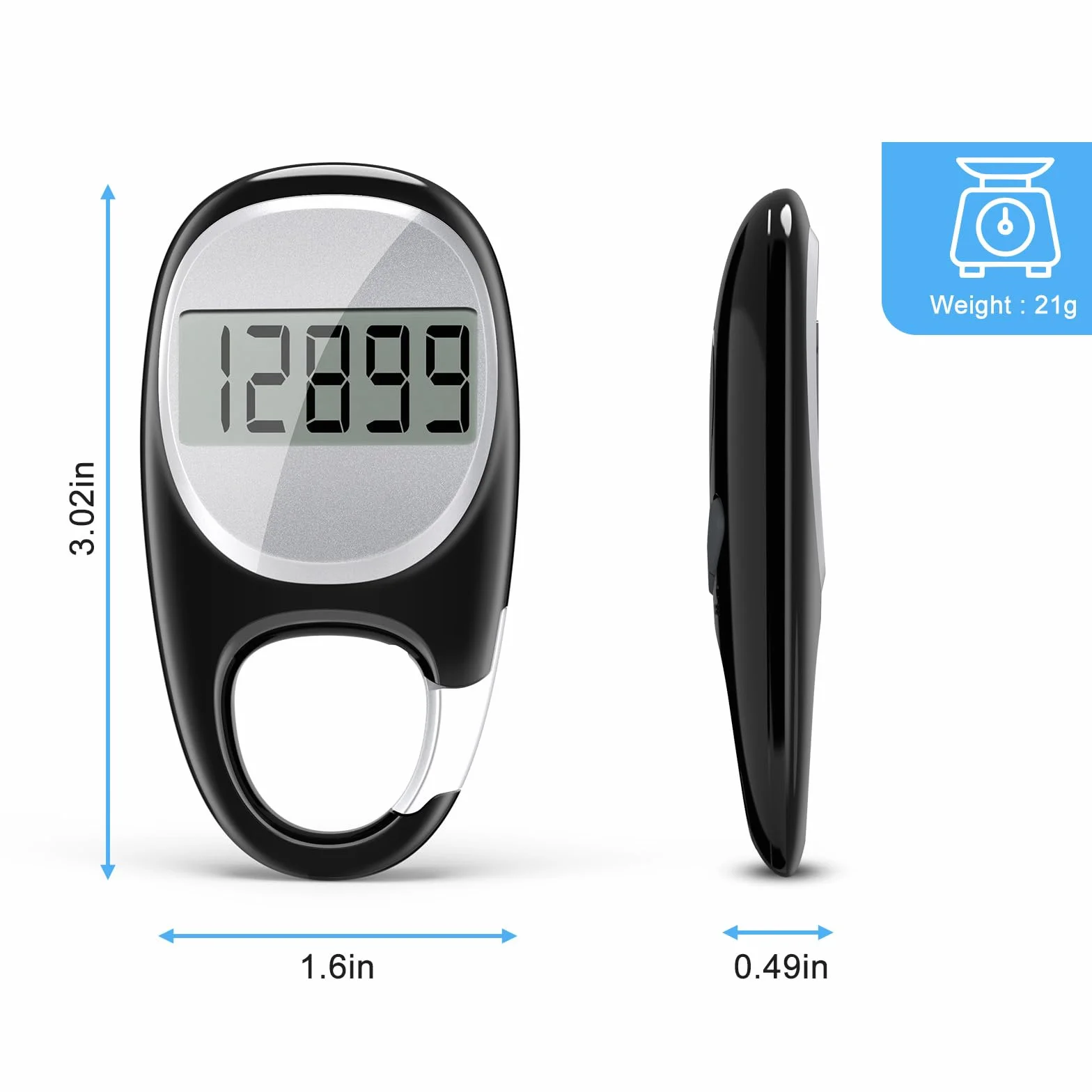 Podomètre simple pour la marche, compteur de pas précis 3D avec mousqueton - Noir