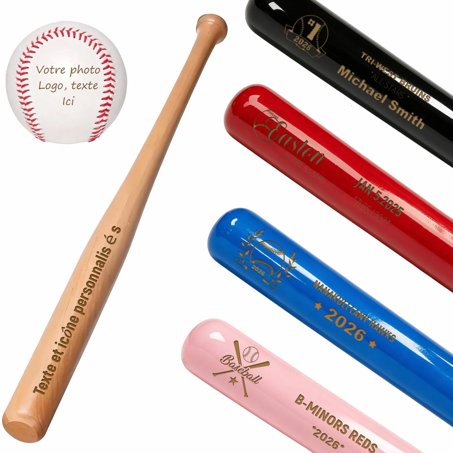 Mini Batte de Baseball Personnalisée 18 Pouces – Gravure Nom, Numéro & Logo, Petit Batte en Bois Cadeau Little League