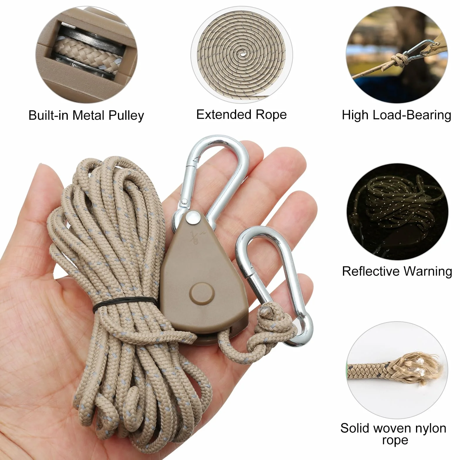 Corde à Cliquet Réglable 4M, Poulie à Cliquet Kaki 1/8, Tendeur avec Crochets pour Tente Randonnée