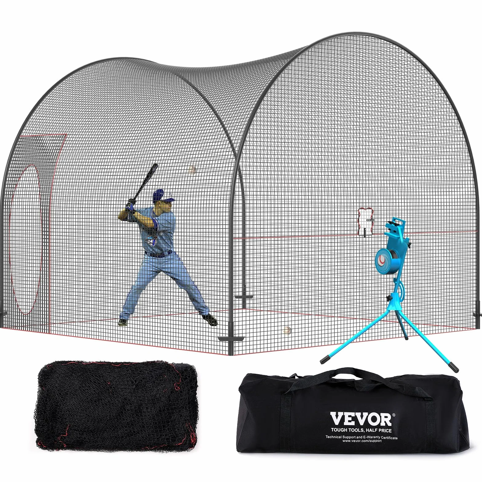 VEVOR Cage de Frappeur 3,6x3,6x3 m Filet d'Entraînement Baseball Softball Poteaux Fibre de Verre Portable