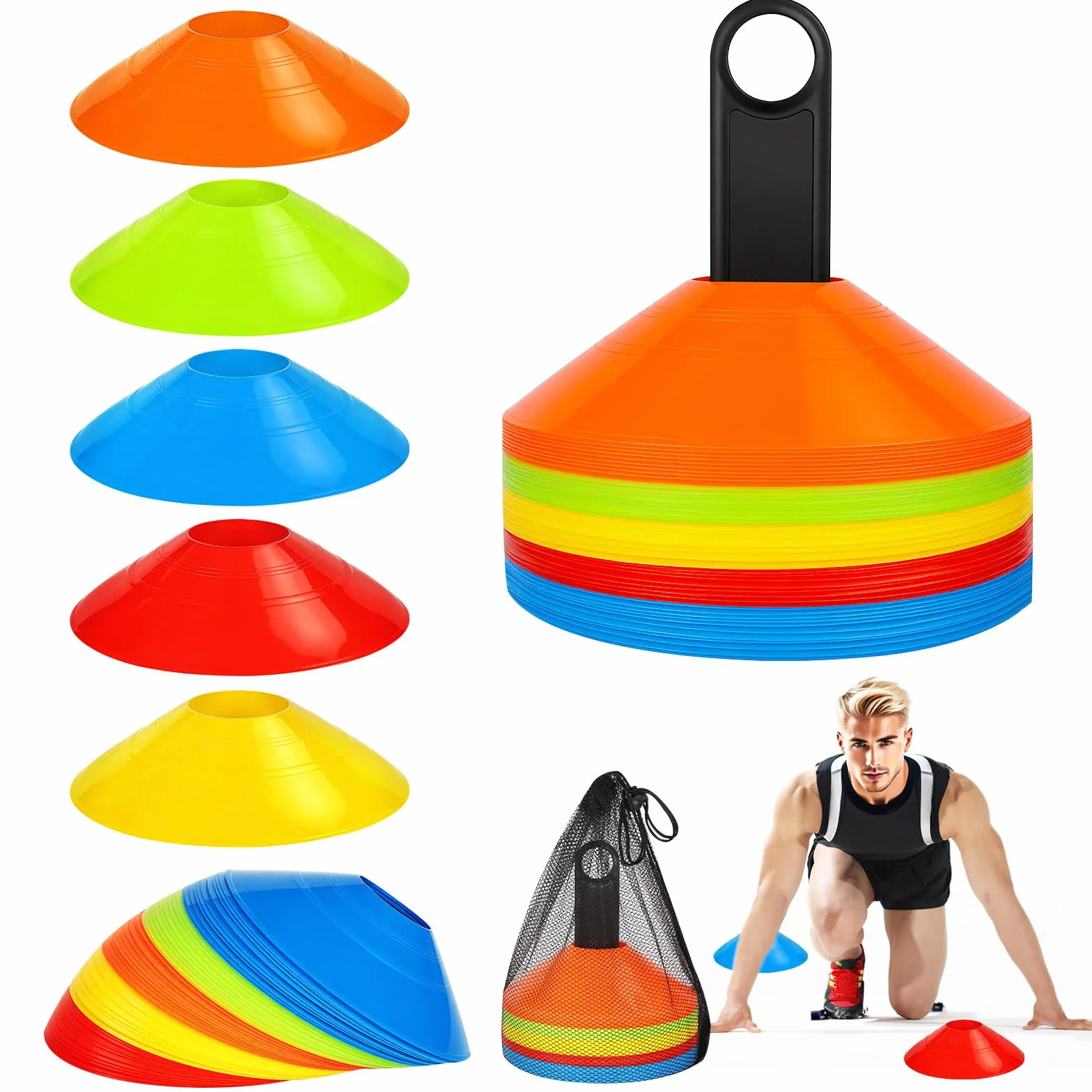 Plots de Marquage Football 50 Plots Entraînement avec Poignée Sac Filet