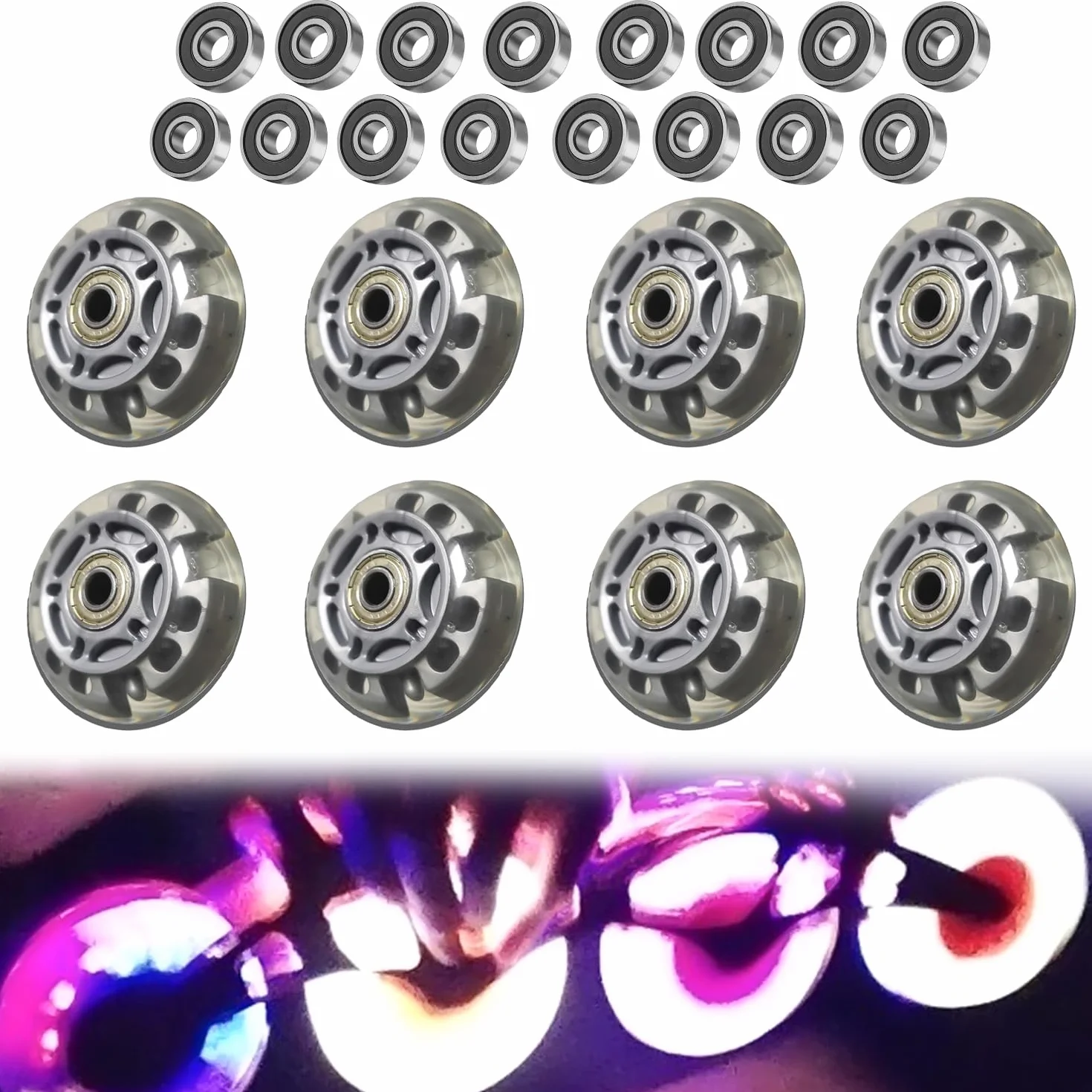 Roues alignées 72 mm transparentes argentées pour patins à roulettes avec 16 roulements à billes