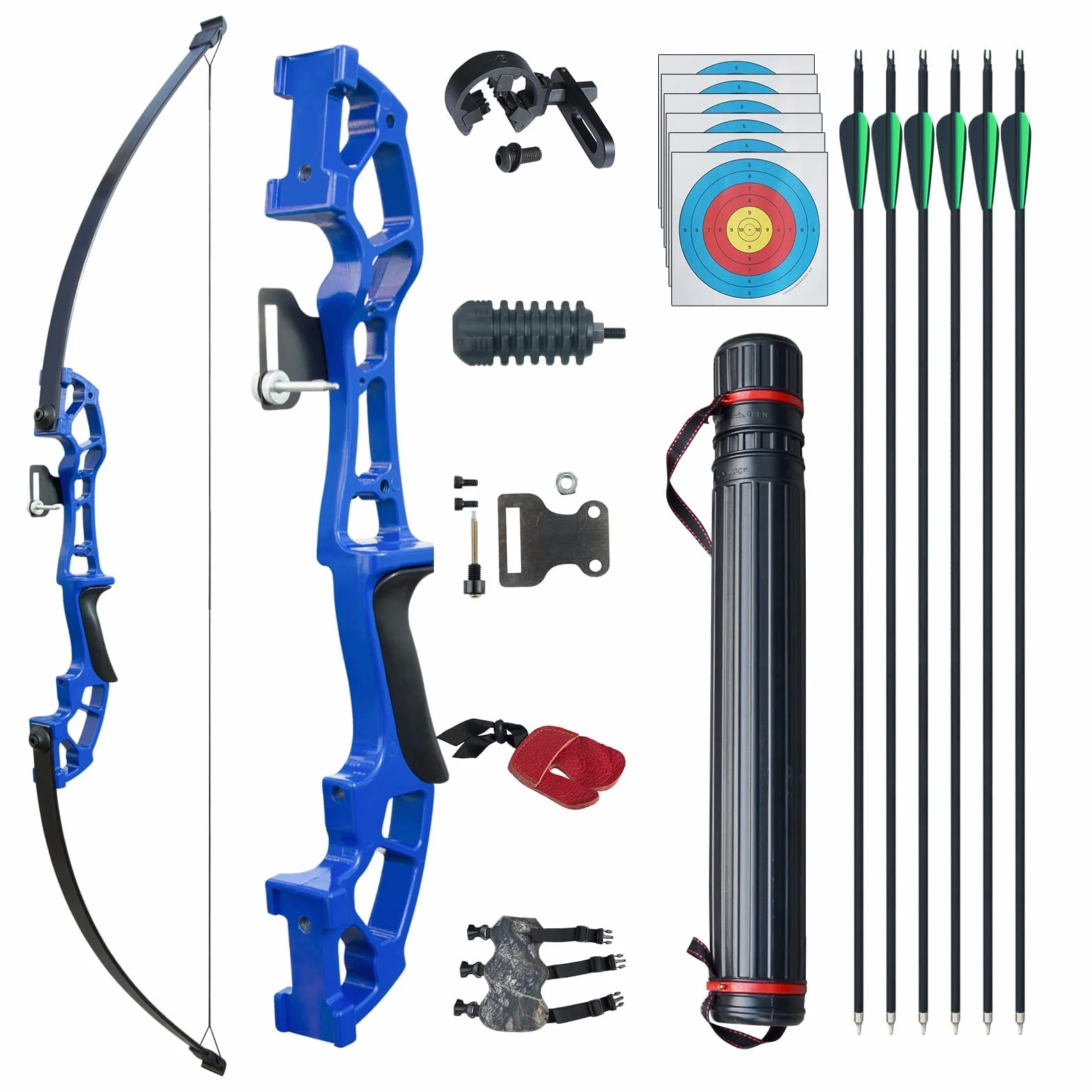 Arc de Chasse Adulte 50 Pouces 30lbs 40lbs Riser en Métal avec 6 Flèches en Carbone Bleu