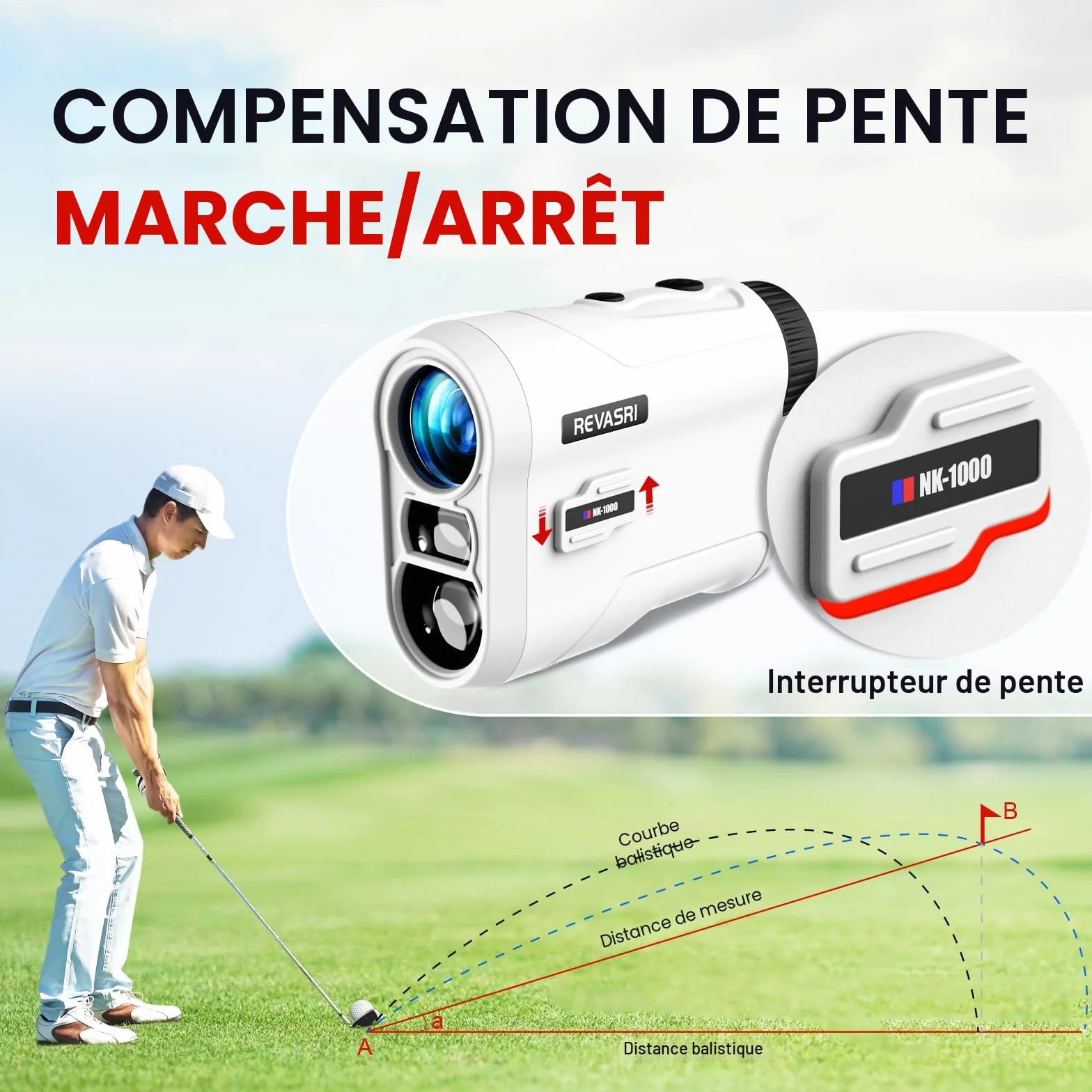 REVASRI Télémètre de golf laser 1000 yds avec vibration verrouillage pente mât drapeau batterie rechargeable