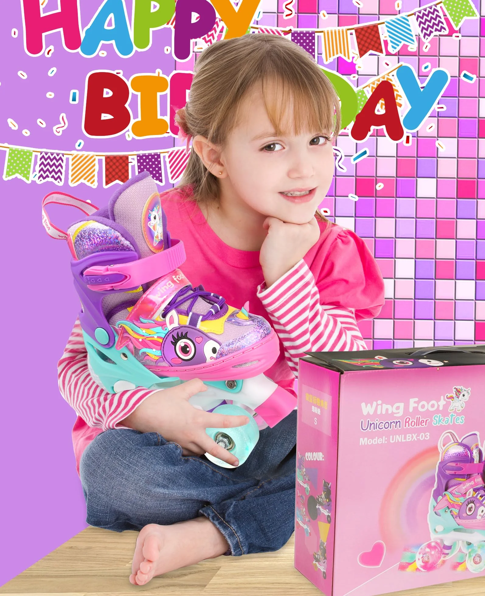Licorne Roller Enfant Fille Patins à roulettes Ajustable avec Roues Allumées 4 Taille Réglable