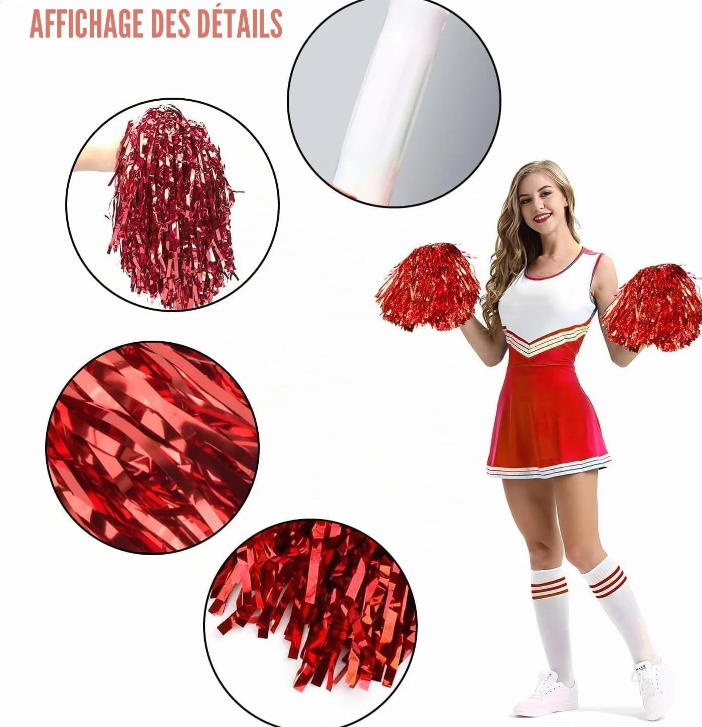 Lot de 2 pompons de pom-pom girl avec poignée rouge pour jeux de ballon, danse, fête