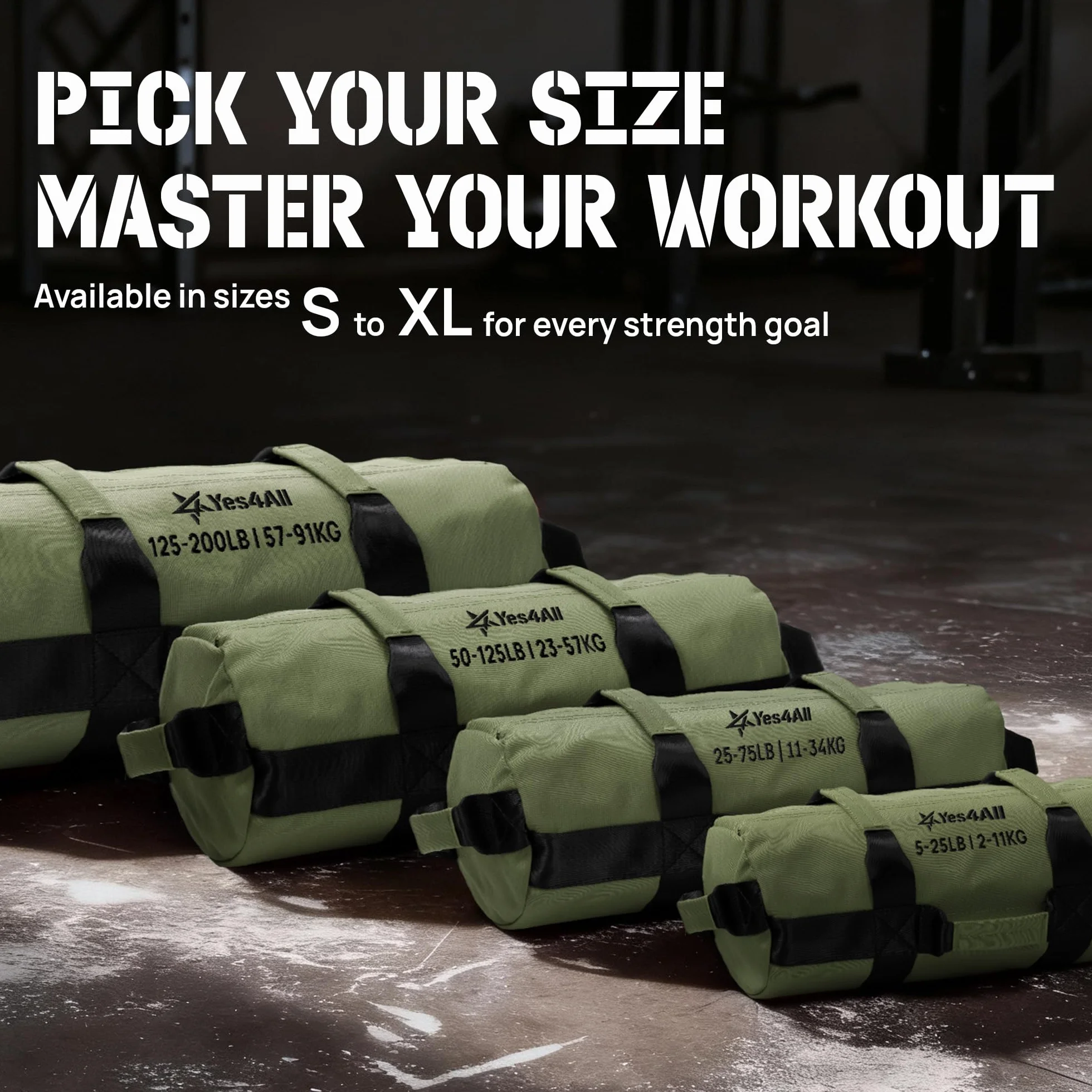 Yes4All Sac de Sable Réglable 7 poignées Power Bag Carolous 2-90 kg Non rempli pour Entraînement Fonctionnel Rucking Crossfit