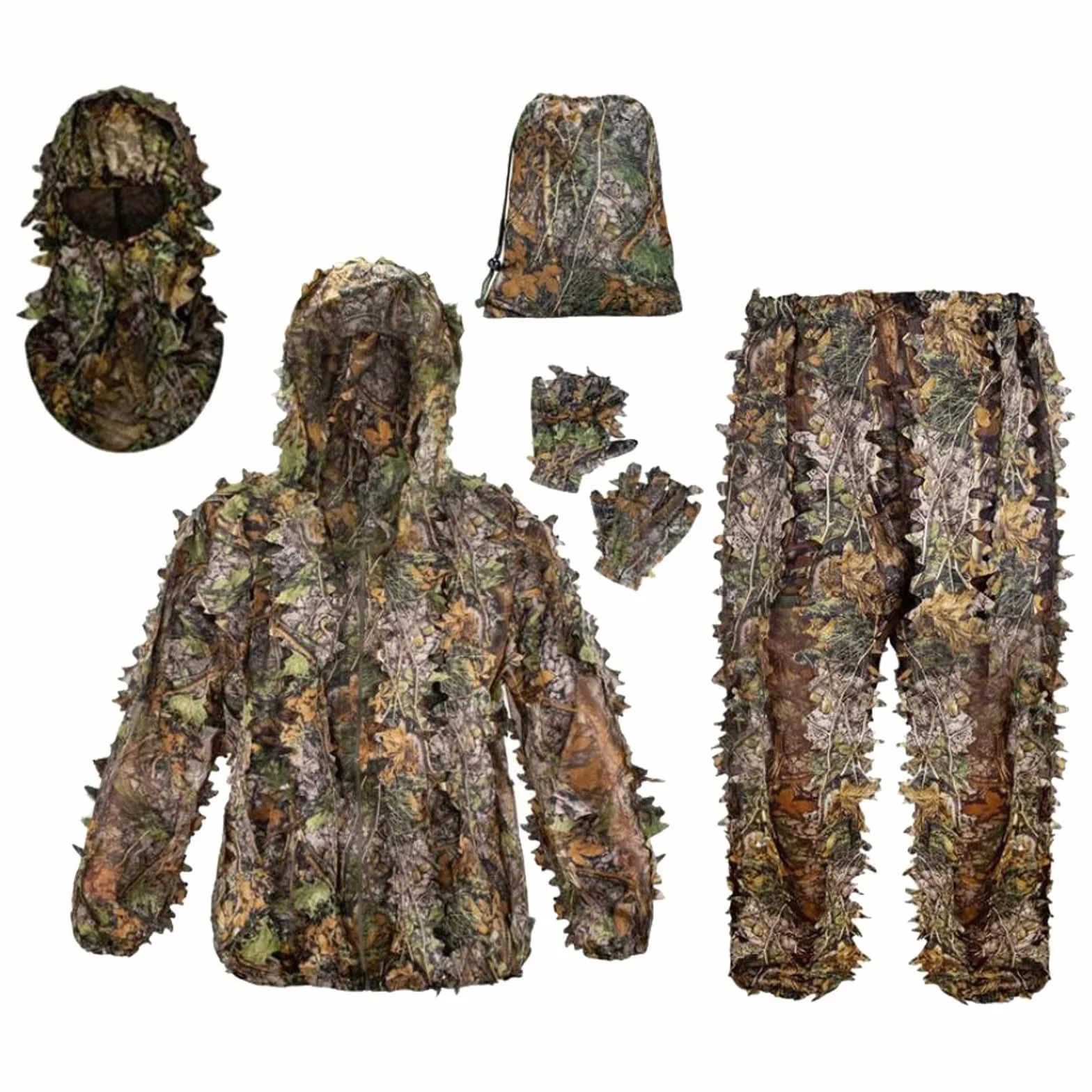 Milageto Ghillie Suit Set Woodland Camouflage 3D Leafy Hunting Costume for Outdoor Game, M L