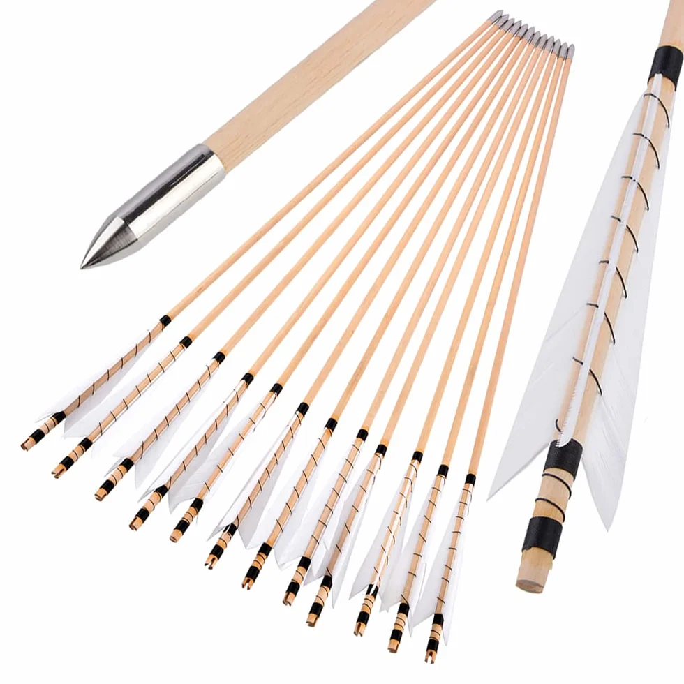 Flèches en Bois 32" pour Tir à l'Arc Artisanales 5" Plume de Dinde OD 8mm Chasse