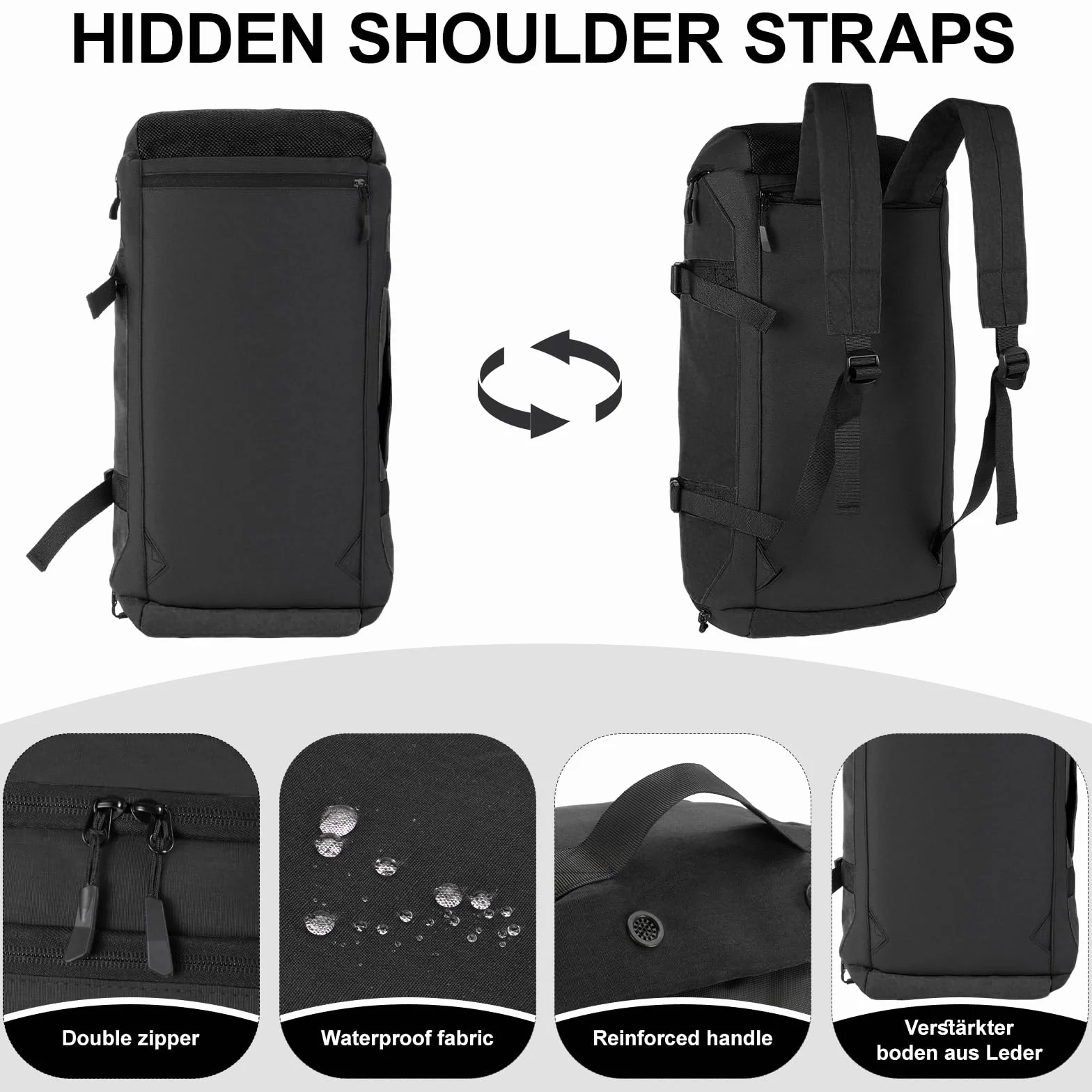 Sac de Sport Homme Femme 36L avec Compartiment Chaussures, Sac de Voyage Camping (Noir)