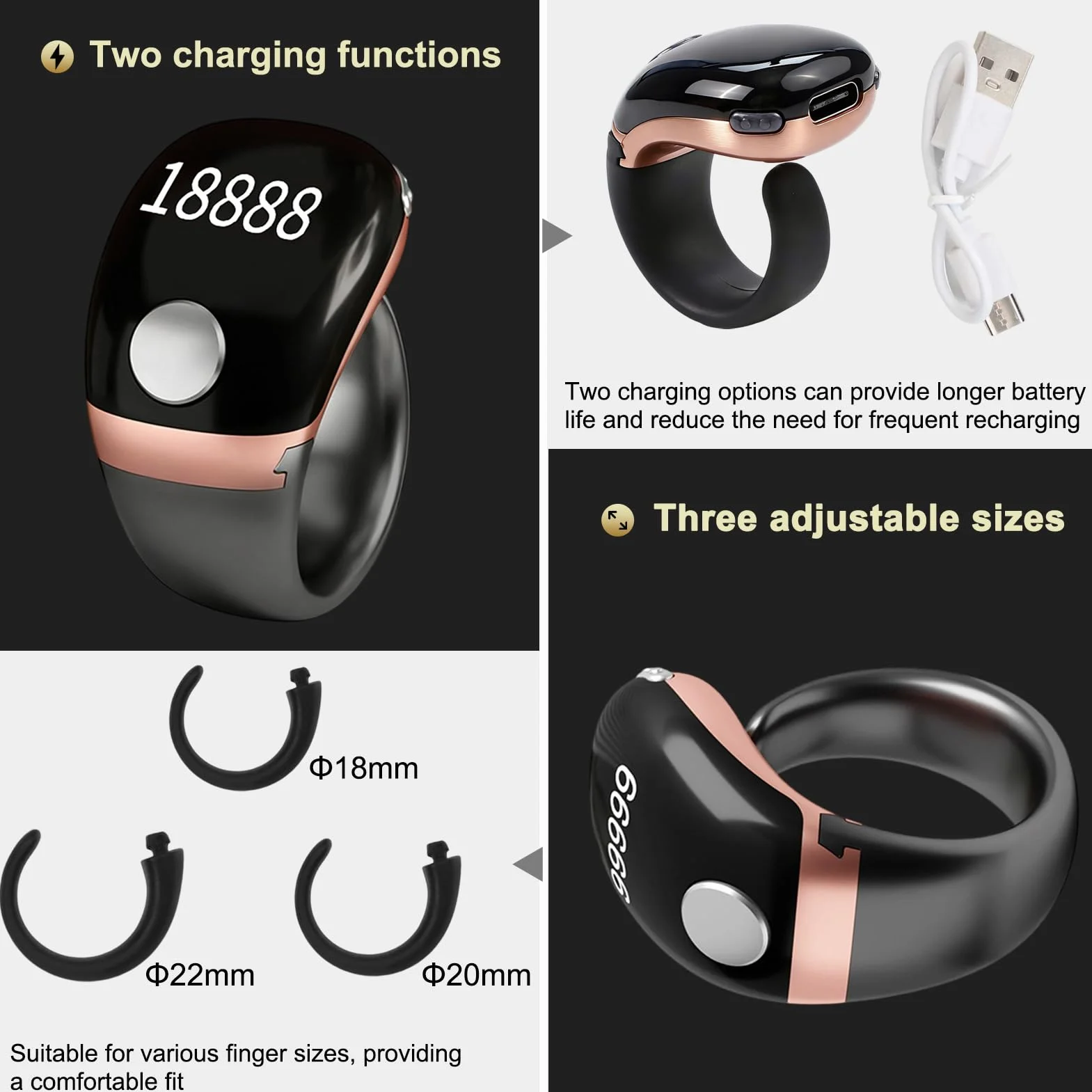 Compteur d'anneaux numérique LCD Tasbih Bagues électronique avec écran et contrôle facile (doré)