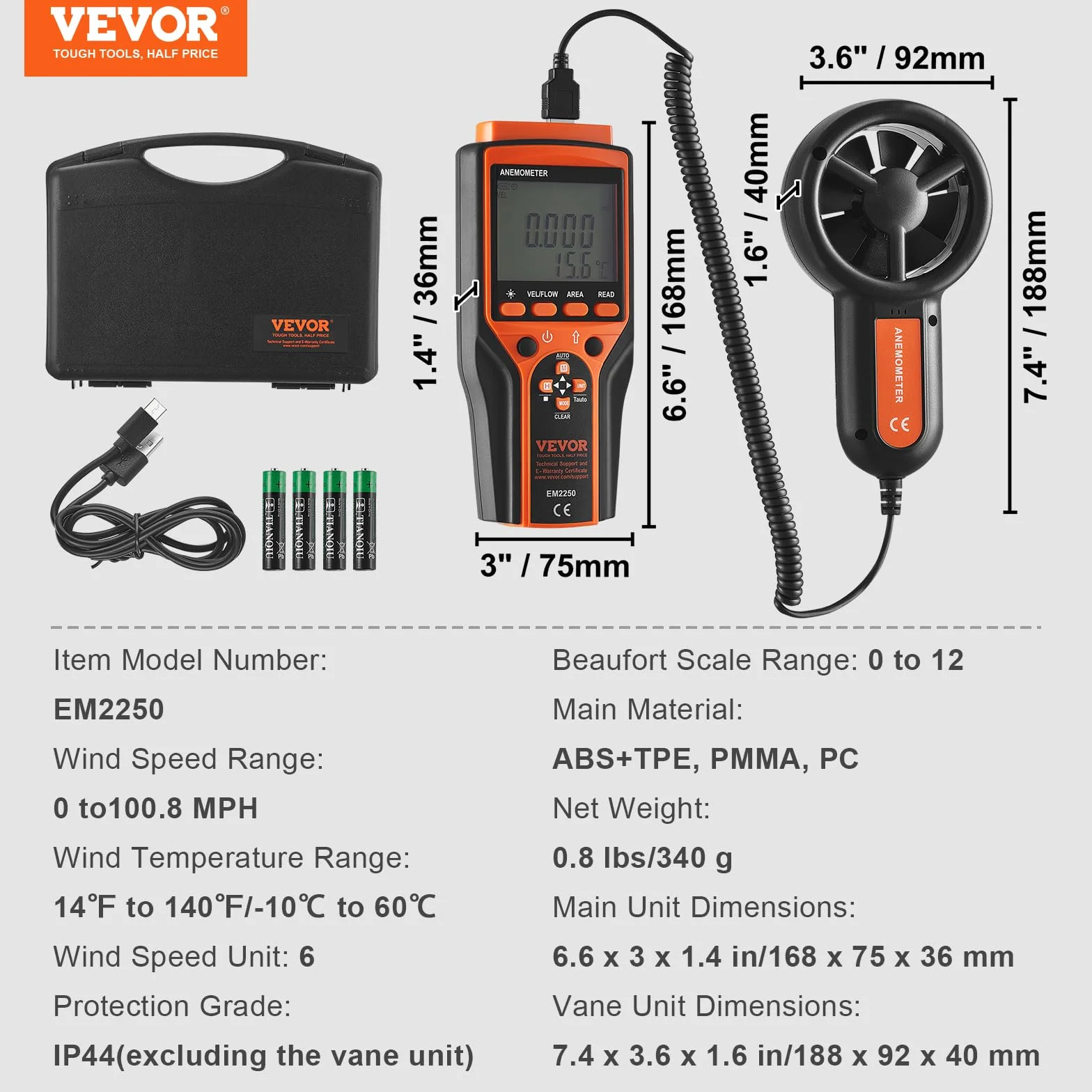 VEVOR Anémomètre Portable -10℃ à 60℃ Numérique Vitesse du Vent CFM Mesure Température Flux d'Air Refroidissement Éolien Écran Rétroéclairé LED