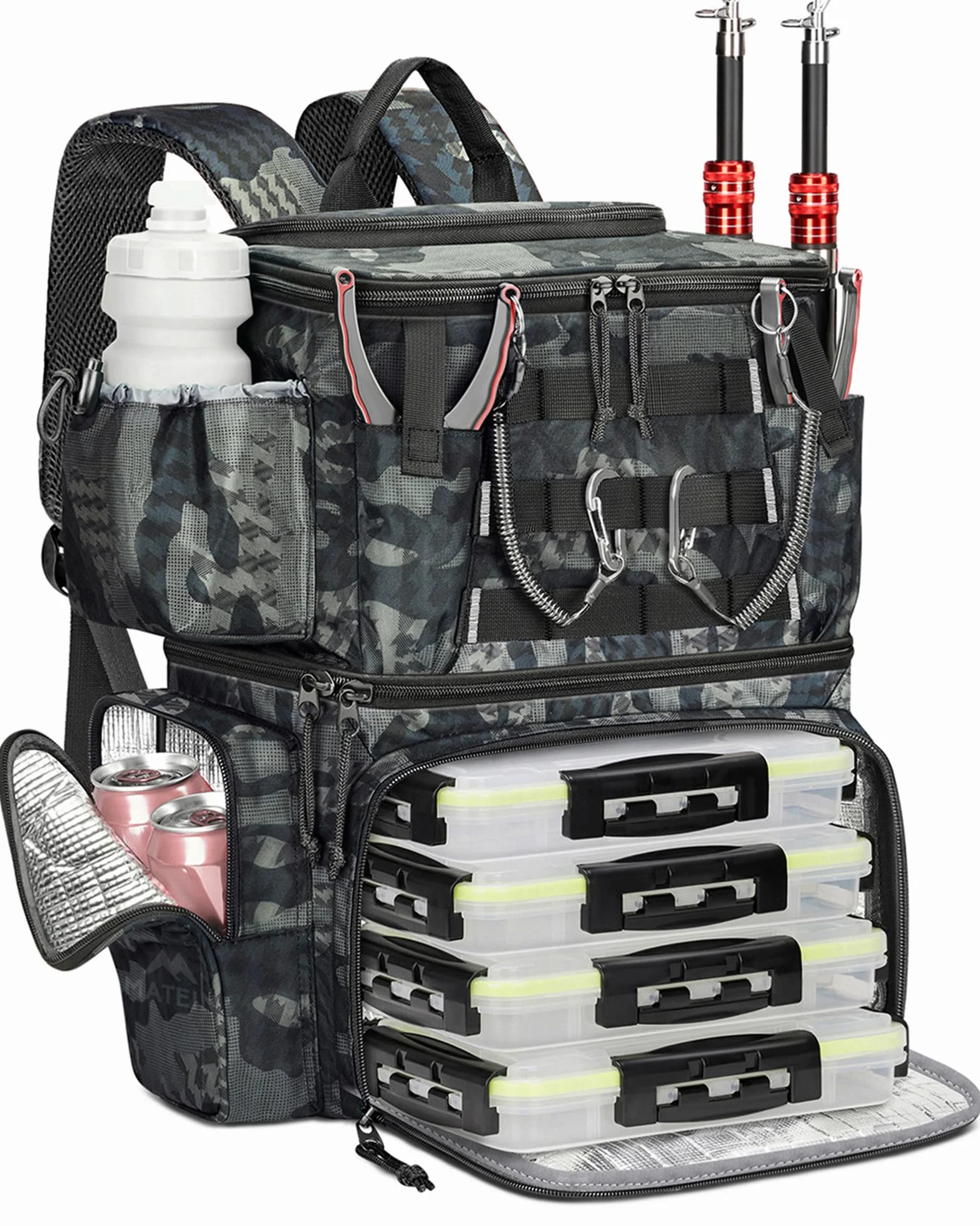 MATEIN Sac de Pêche Étanche avec 4 Boîtes de Rangement, Porte-Canne, Compartiment Isotherme, Camouflage
