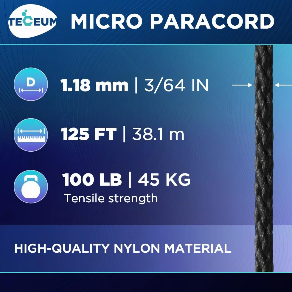 TECEUM Micro Paracord Noir 1.18 mm x 38.1 m Corde Utilitaire Tressée Nylon Polyester Fil Survie Solide