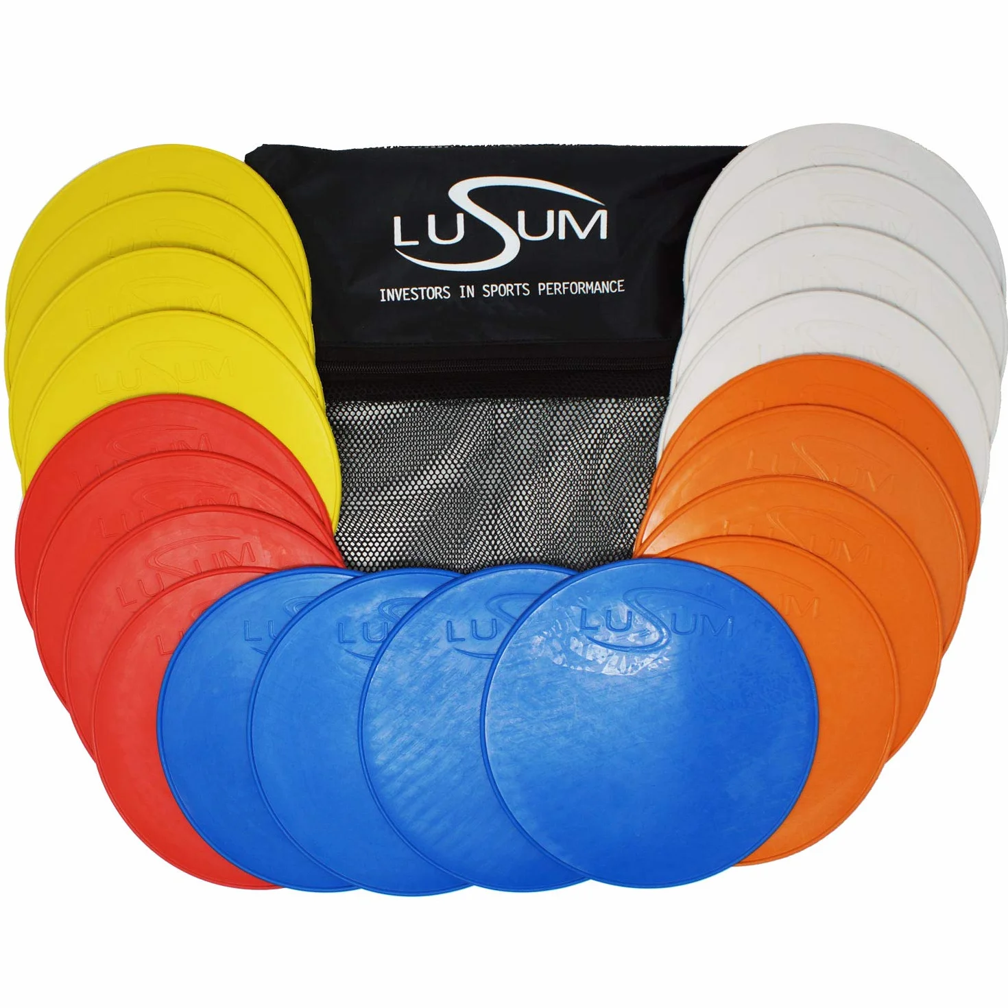 Lusum Lot de 20 disques de marquage en caoutchouc antidérapant taille réelle pour sports - Cônes plats entraînement football avec sac