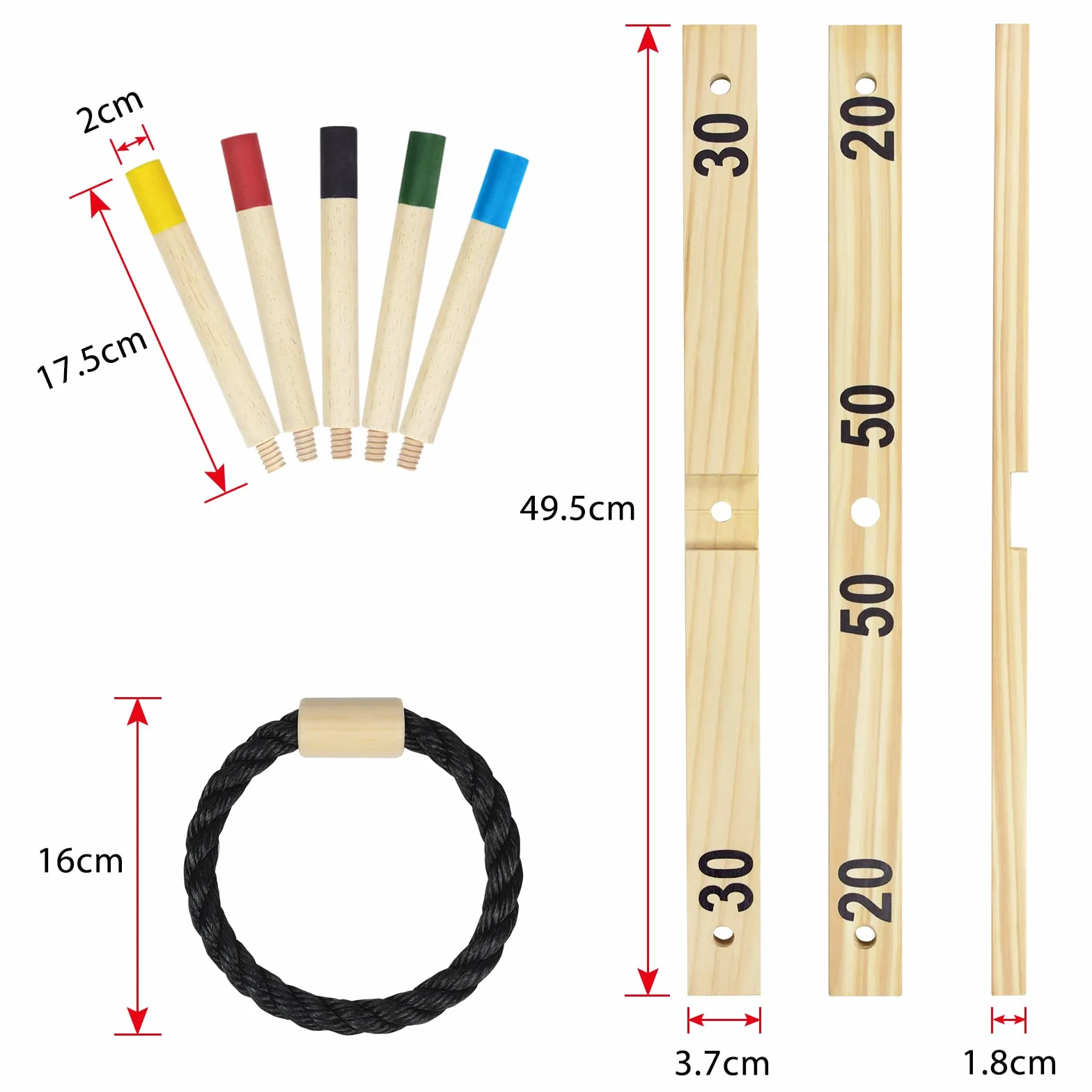 Jeu de lancer d'anneaux en bois avec 5 anneaux en nylon et 5 barres colorées