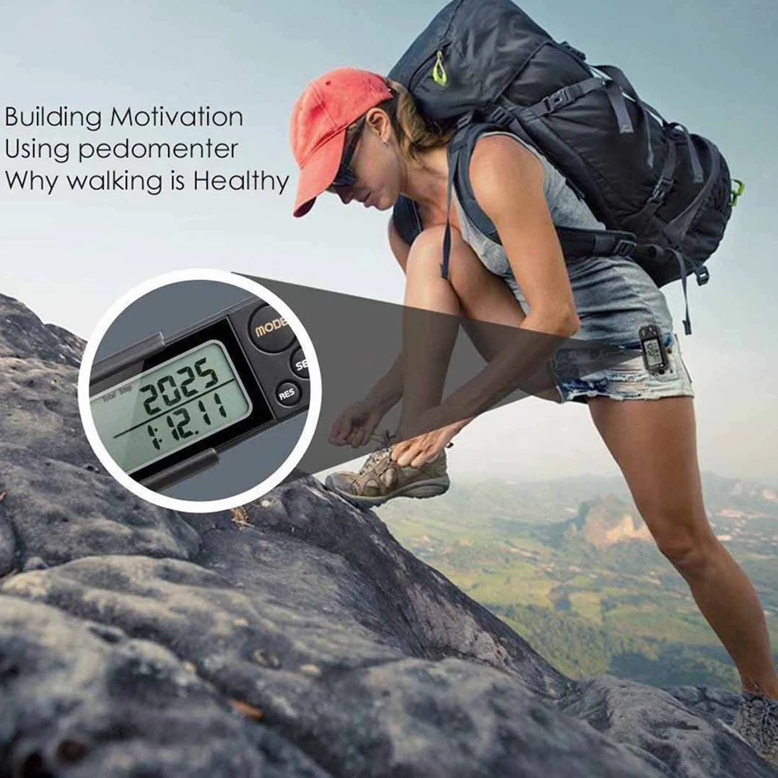 Podomètre de Marche 3D avec Clip et Sangle, 30 Jours Mémoire, Compteur de Pas Précis, Distance Miles/km, Calories, Objectif Quotidien, Temps d'Exercice