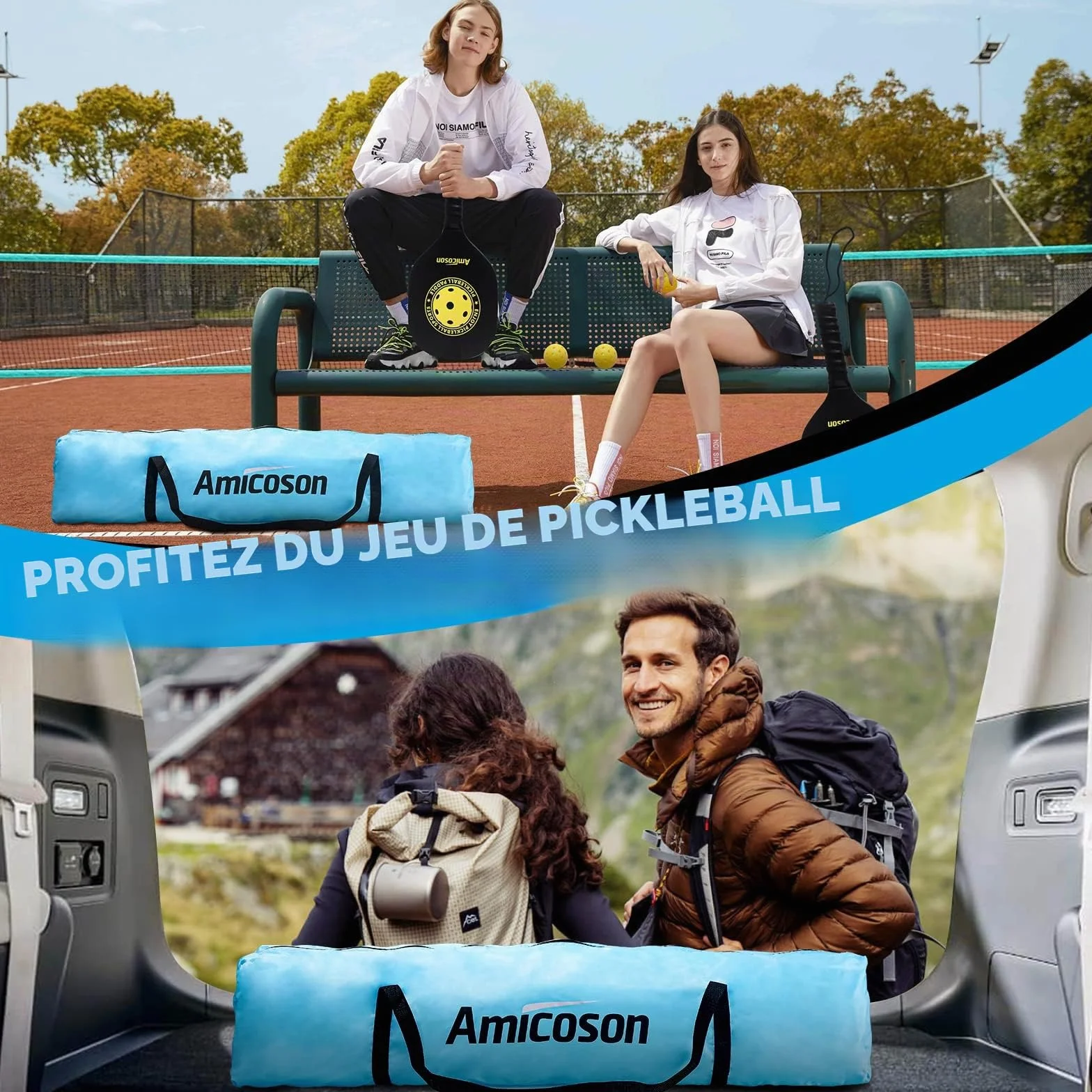 Amicoson Filet de Pickleball Set 22FT en bois pour extérieur avec 4 raquettes, 8 balles, sac de transport