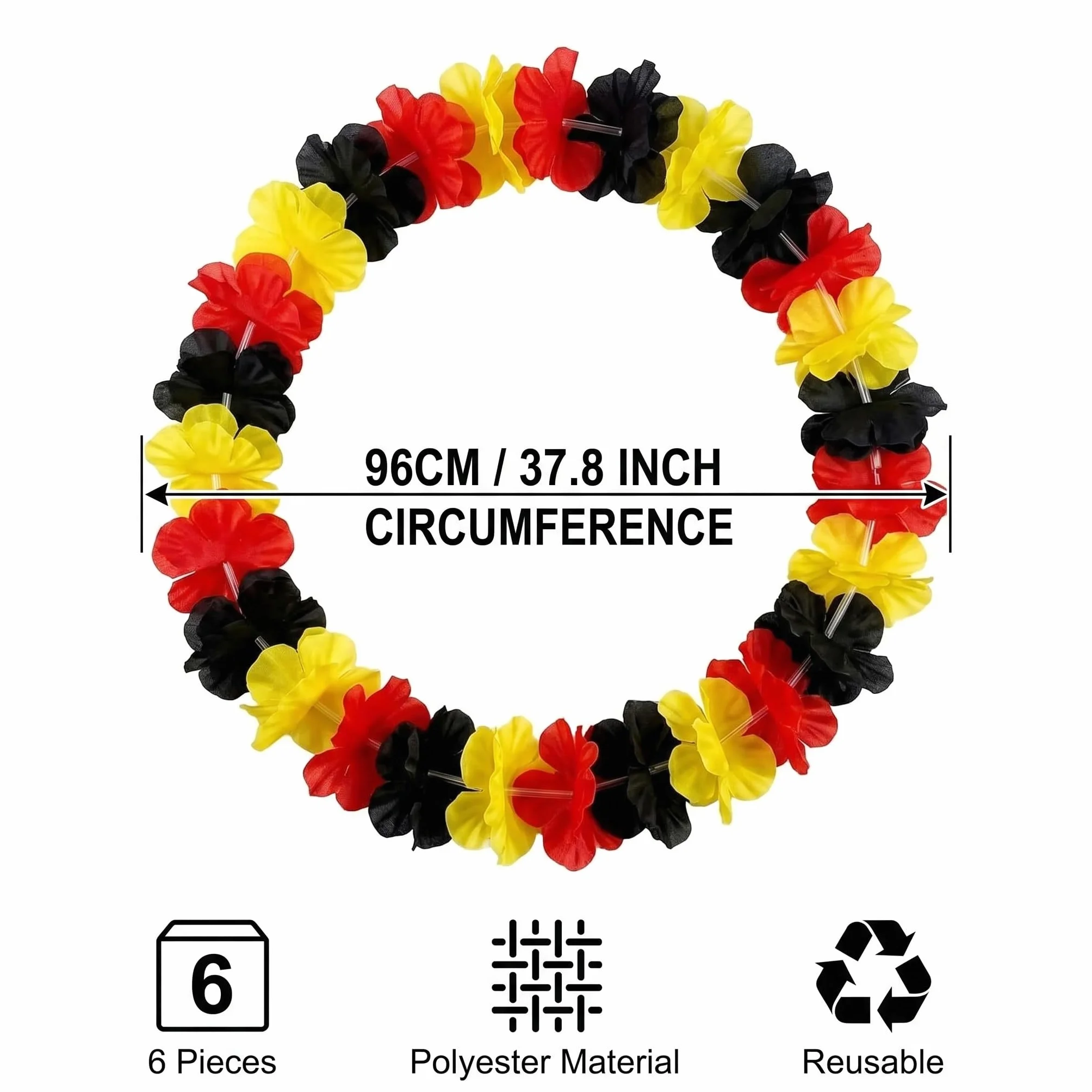 Colliers Hawaïens Fleurs Noir Rouge Jaune 96cm Polyester pour Supporters Football