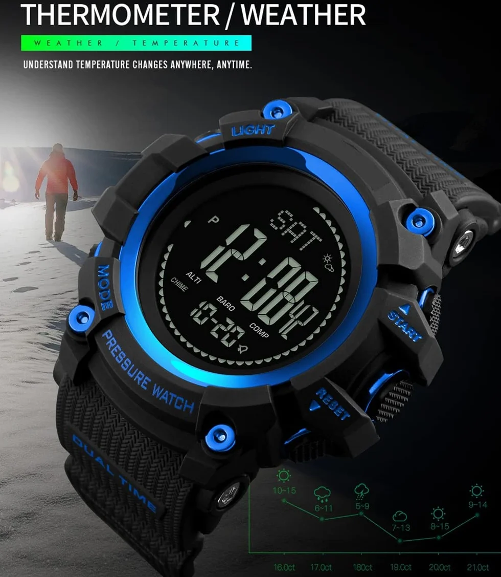 Montre Sport LED Plastique Caoutchouc Multifonctionnelle Boussole Podomètre Altimètre Baromètre Thermomètre