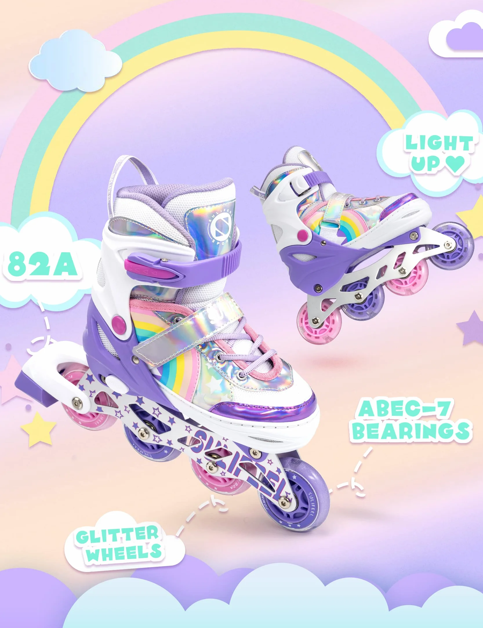 SULIFEEL Roller Skates Patins à roulettes Alignées Débutant Taille Réglable Licorne Arc en Ciel