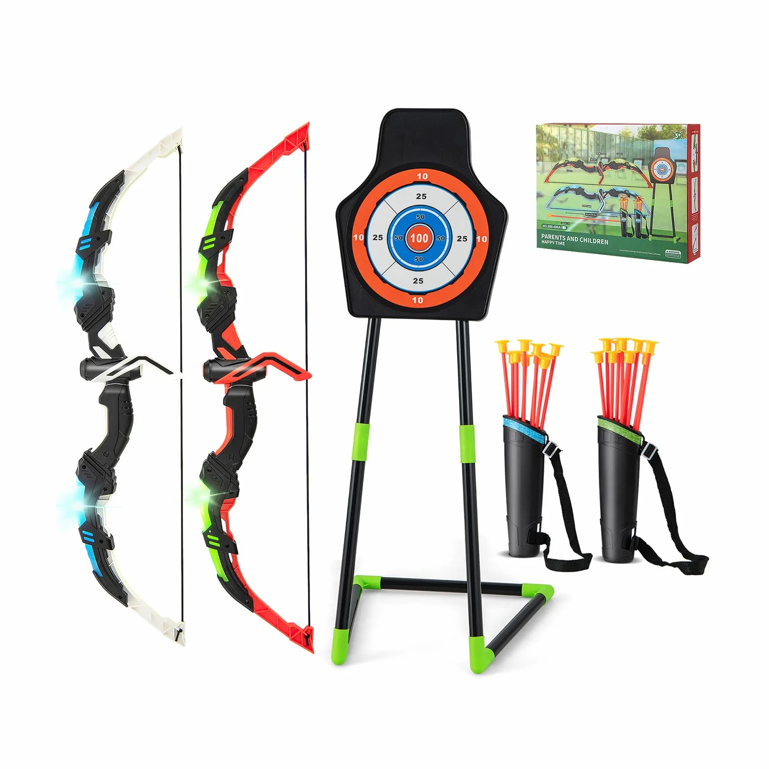 GOPLUS Arcs et Flèches Enfants, Ensemble Tir à l'arc LED avec 20 Flèches à Ventouse, 2 Carquois, Cible détachable