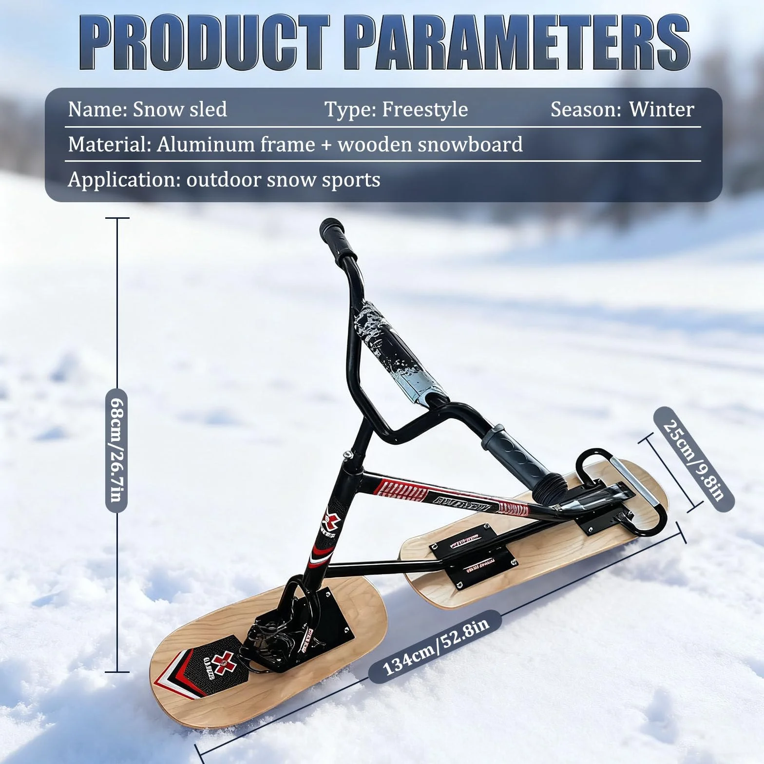 Snow Scooter Adulte Plateau pivotant 360° Double Base Poignée antidérapante Cadre Aluminium Planche Tout-Terrain Noir