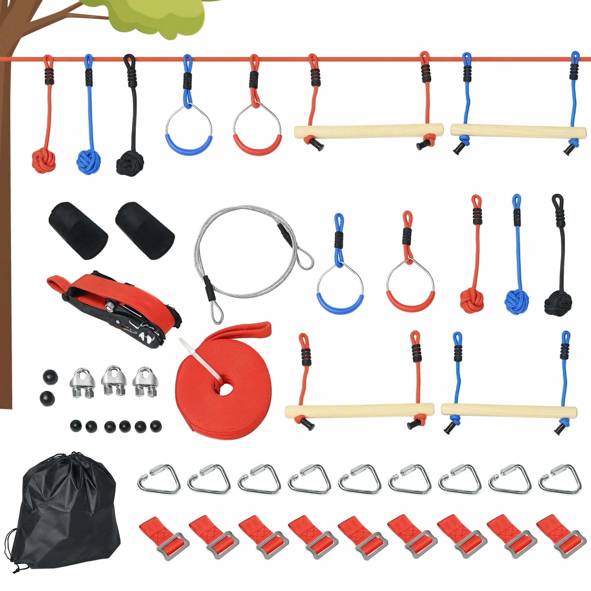 Outsunny Parcours d'obstacles Ninja pour Enfants 30 Accessoires 10 m Slackline Sac de Transport Bleu Noir Rouge