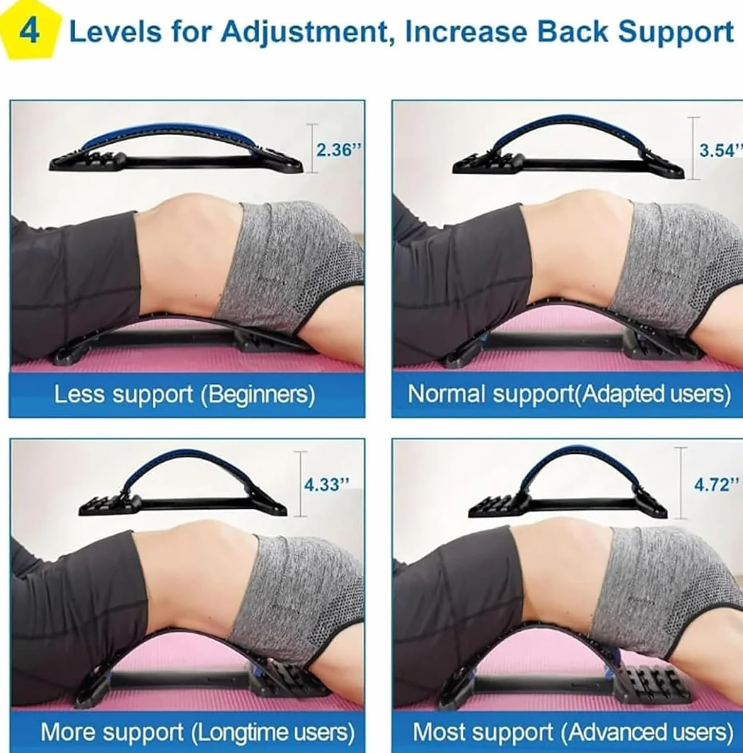 Planche de Soutien Lombaire Ajustable 4 Niveaux, Étireur Lombaire pour Posture Améliorée, Support Ergonomique Bleu