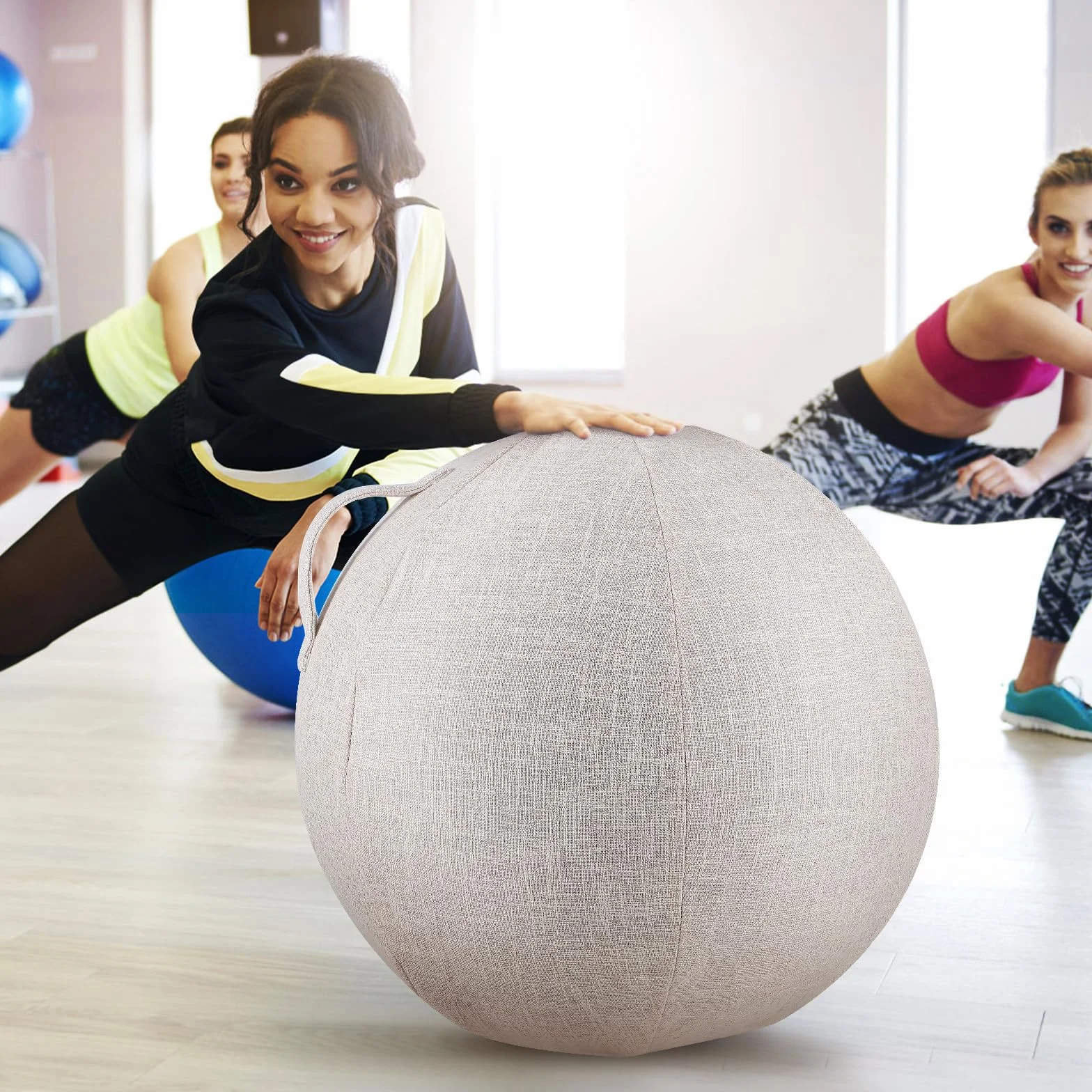 Housse en coton et lin pour ballon de gymnastique 55 cm antidérapante lavable fitness yoga beige