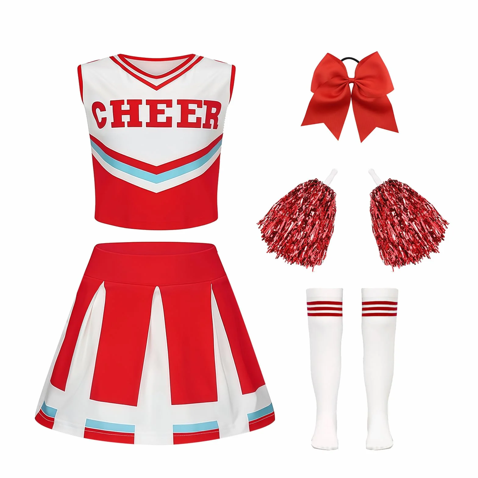 Luckyou Costume De Cheerleader Pompom Uniforme avec Pompoms Chaussettes Halloween Mascarade Carnaval