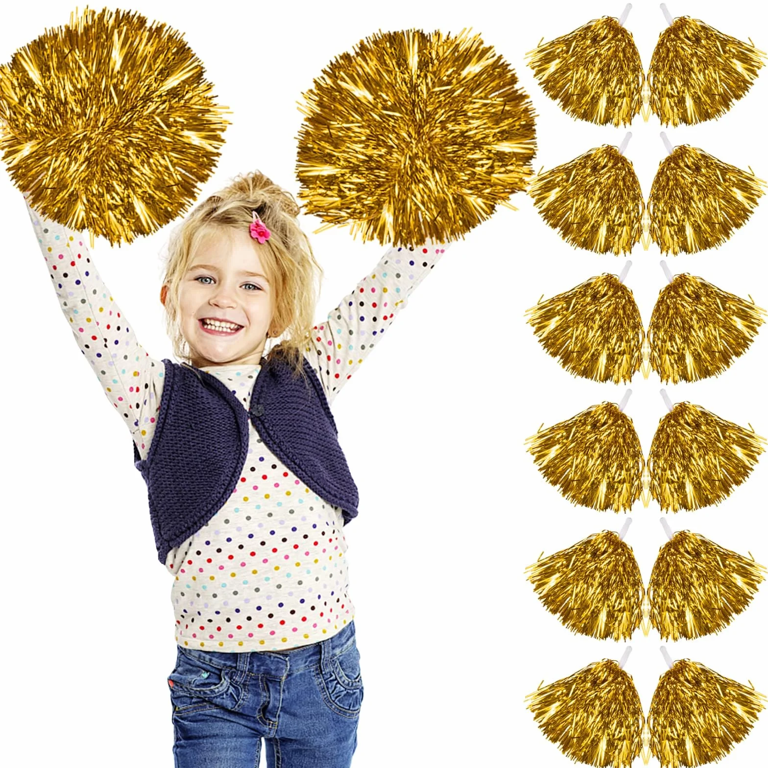 Lot de 12 Pompons Cheerleader Gold pour Carnaval Fête