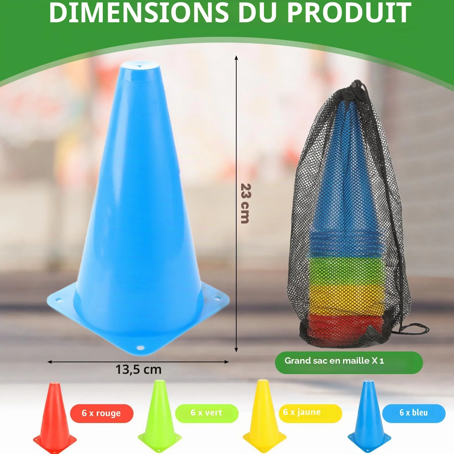 AKOLAFE Lot de 24 Cônes d'Entraînement 23x13.5cm LDPE Souple Incassable 4 Couleurs avec Sac de Transport