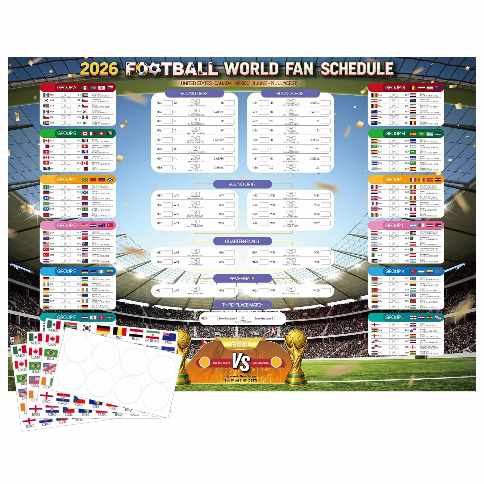 WALLFID 98x70cm Affiche Calendrier Coupe du Monde 2026, Heure Europe Centrale, Decoration Murale