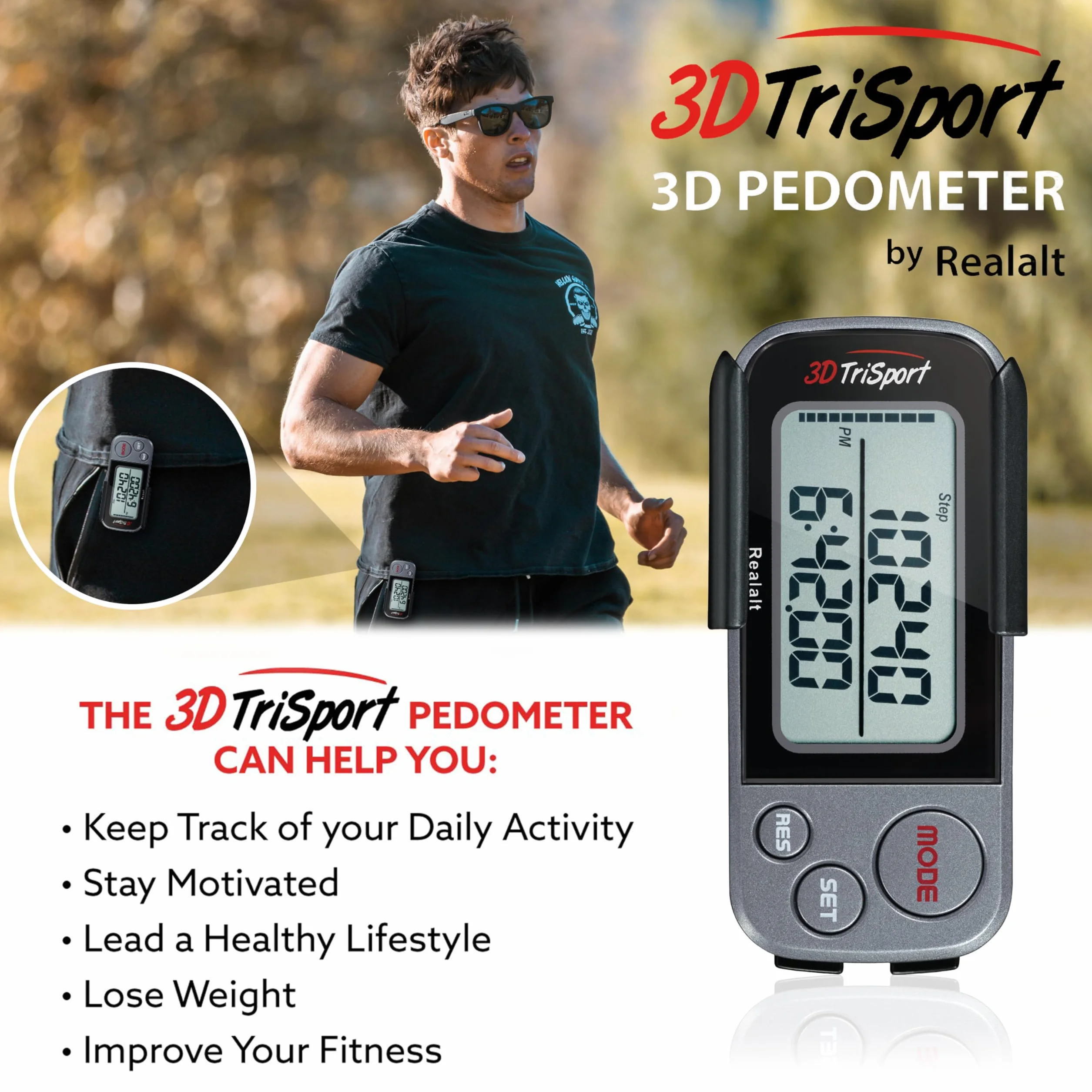Realalt 3DTriSport 3D Pedometer, Accurate Step Counter with Clip and Strap